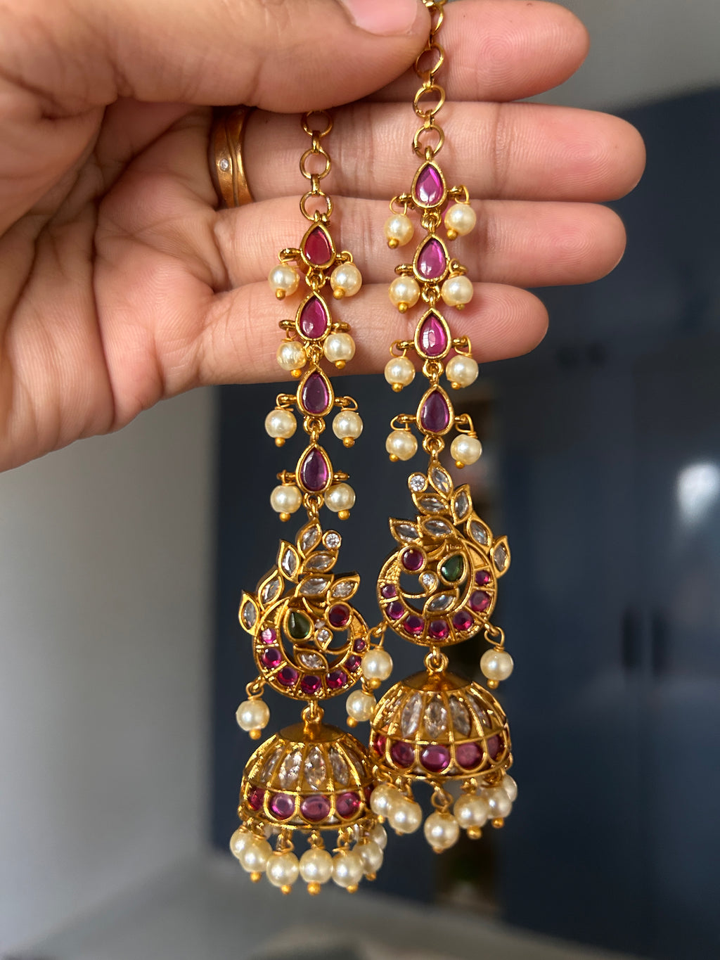 Premium Quality Peacock Kemp Stone Jumka with Maatil