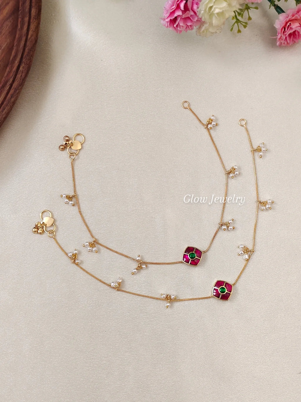 Premium Quality Gold Finish Jadau Floral Anklets