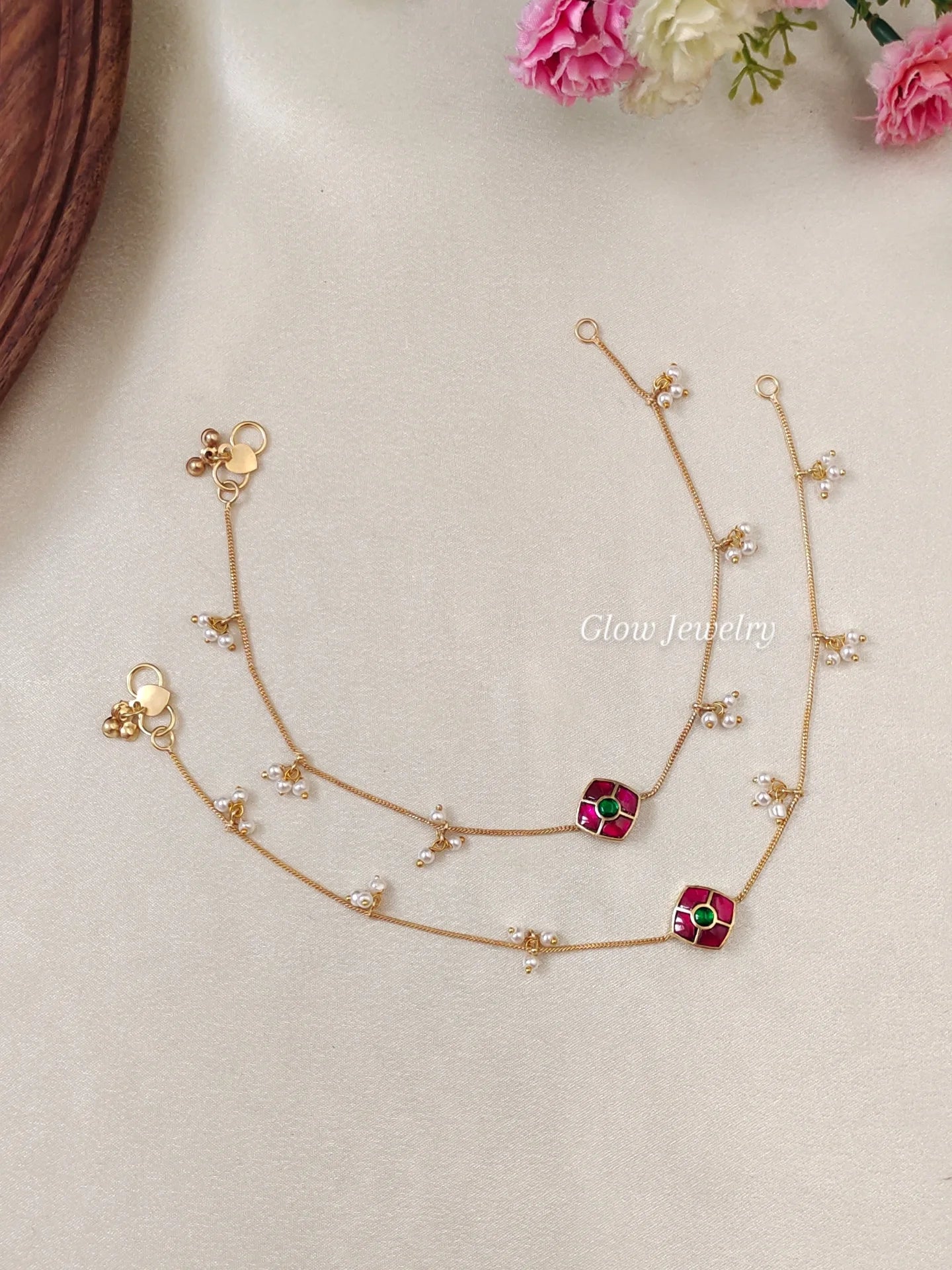 Premium Quality Gold Finish Jadau Floral Anklets