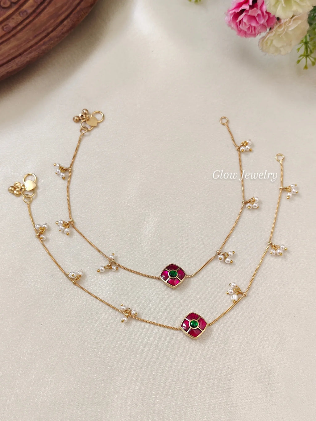 Premium Quality Gold Finish Jadau Floral Anklets