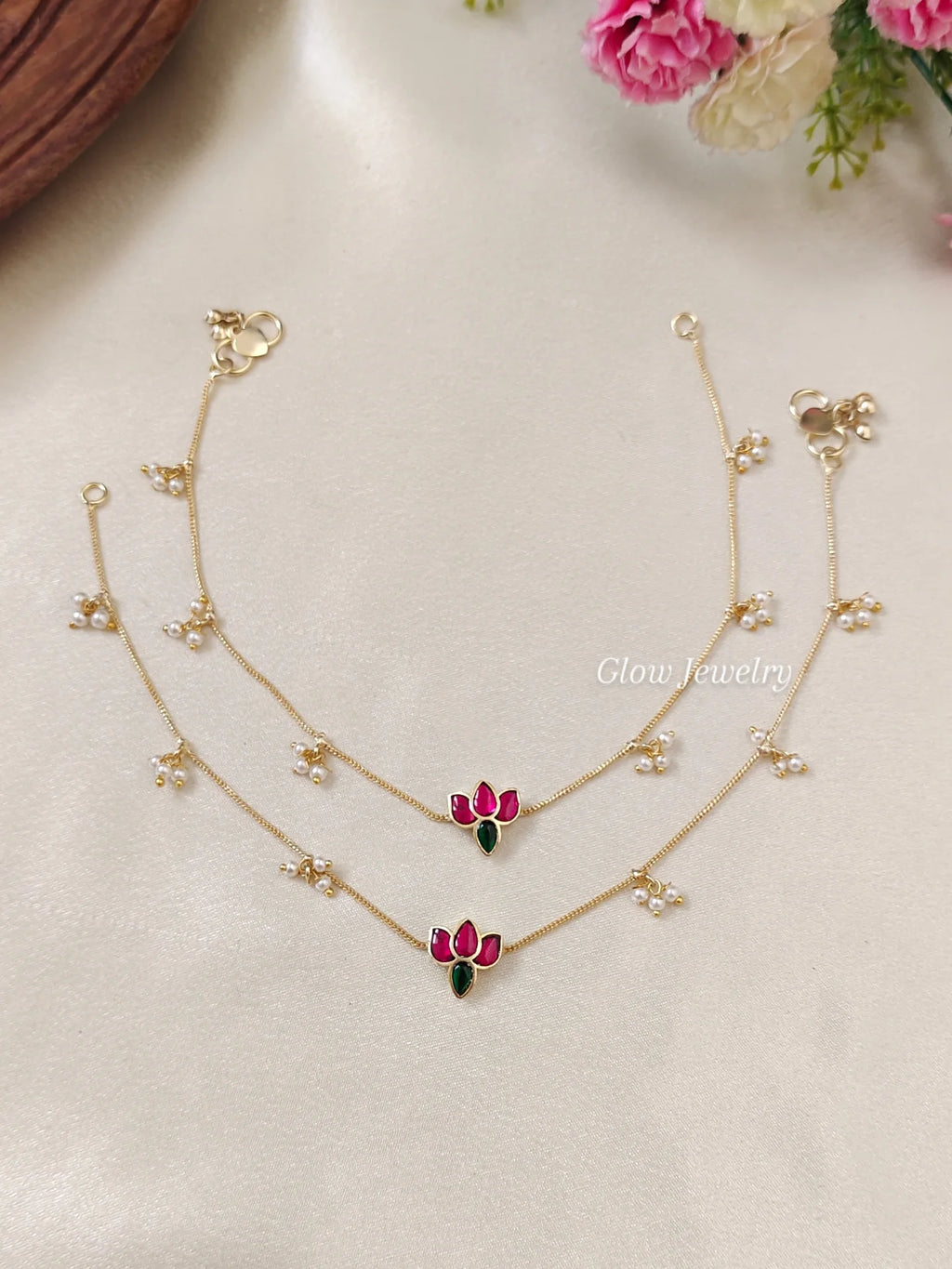 Premium Quality Jadau Lotus Pearl Anklets