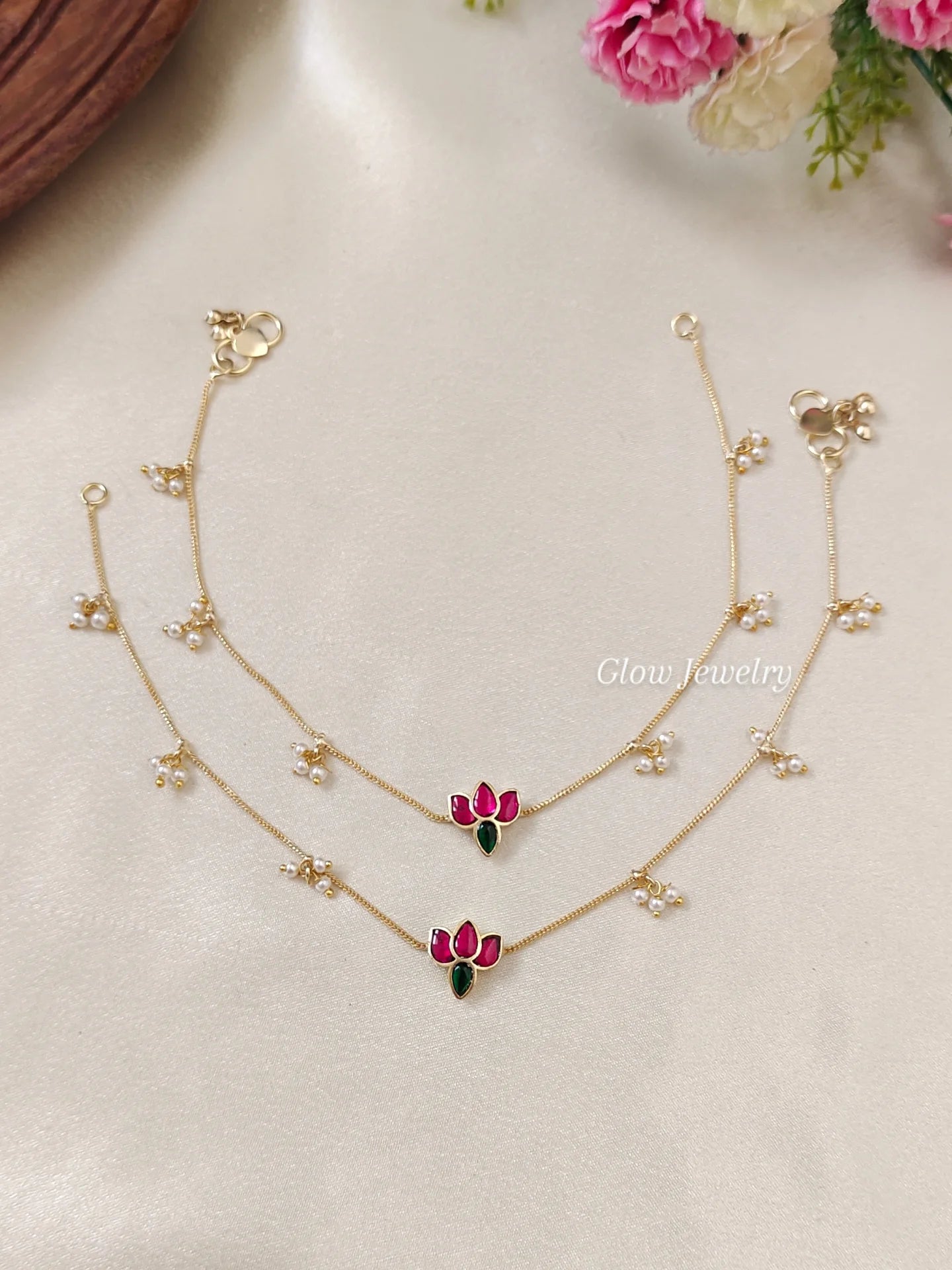 Premium Quality Jadau Lotus Pearl Anklets