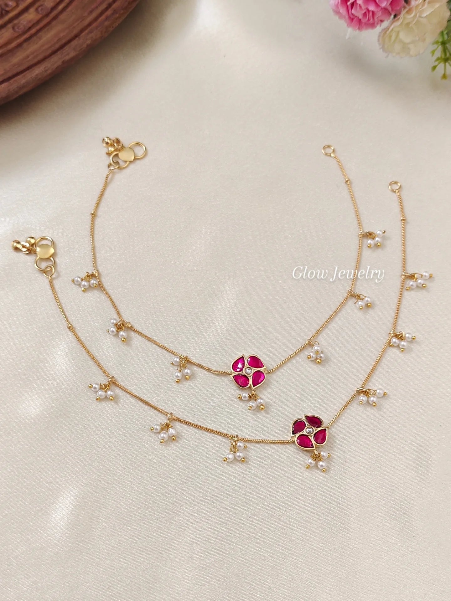 Premium Quality Jadau Floral Pearl Anklets