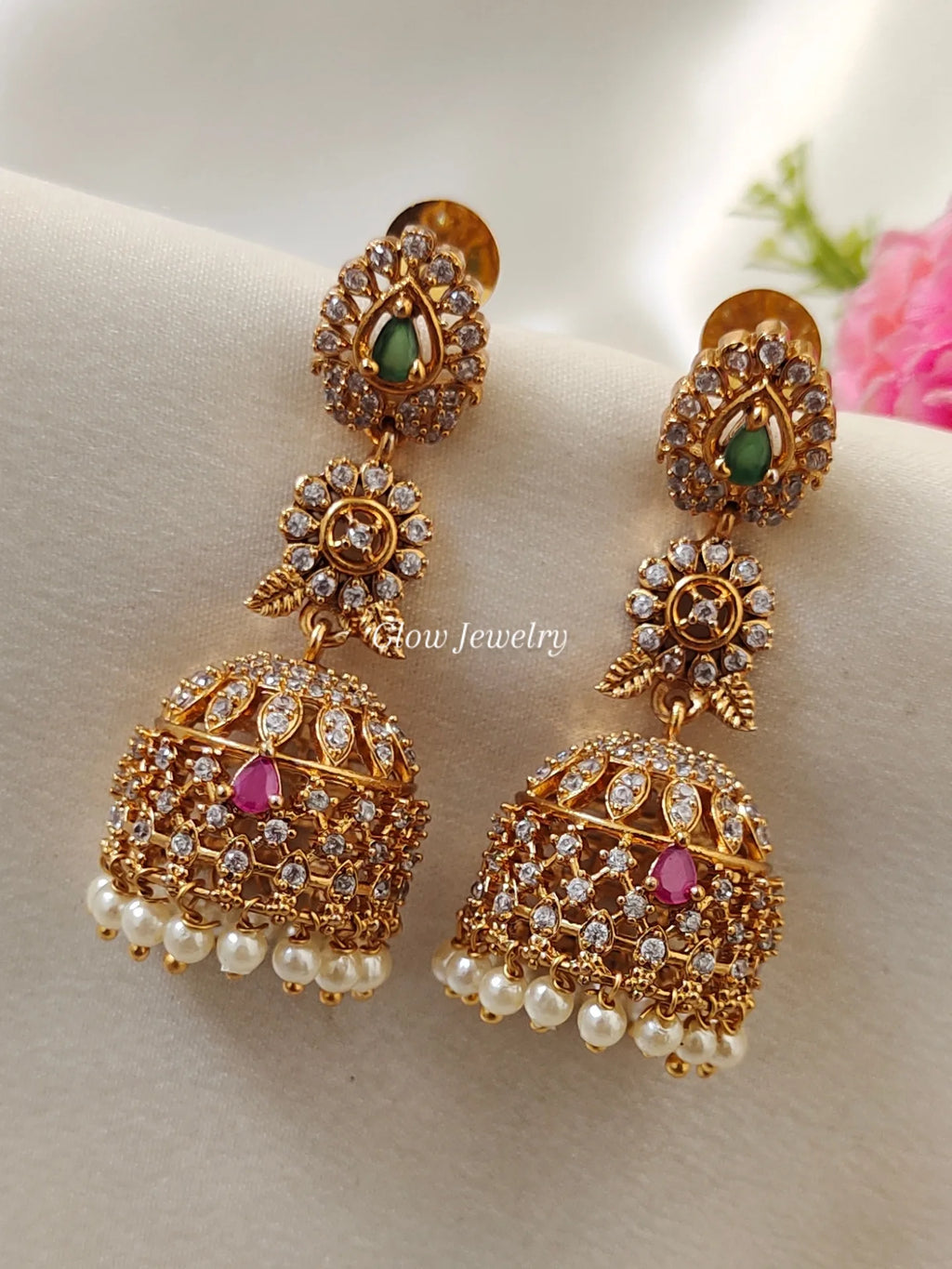 Premium Quality Pearl Hanging Ruby and Green Stone Jumka