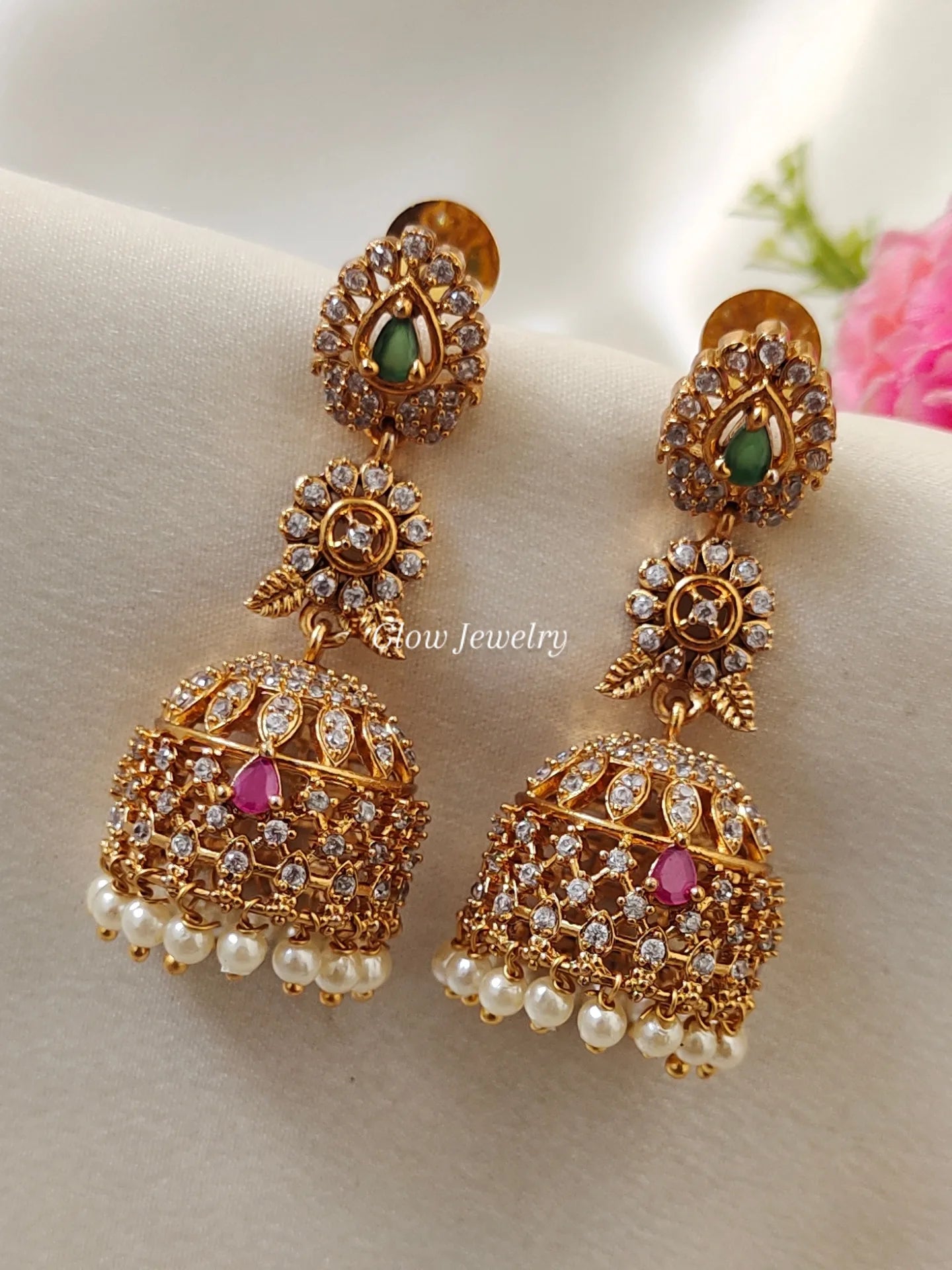 Premium Quality Pearl Hanging Ruby and Green Stone Jumka