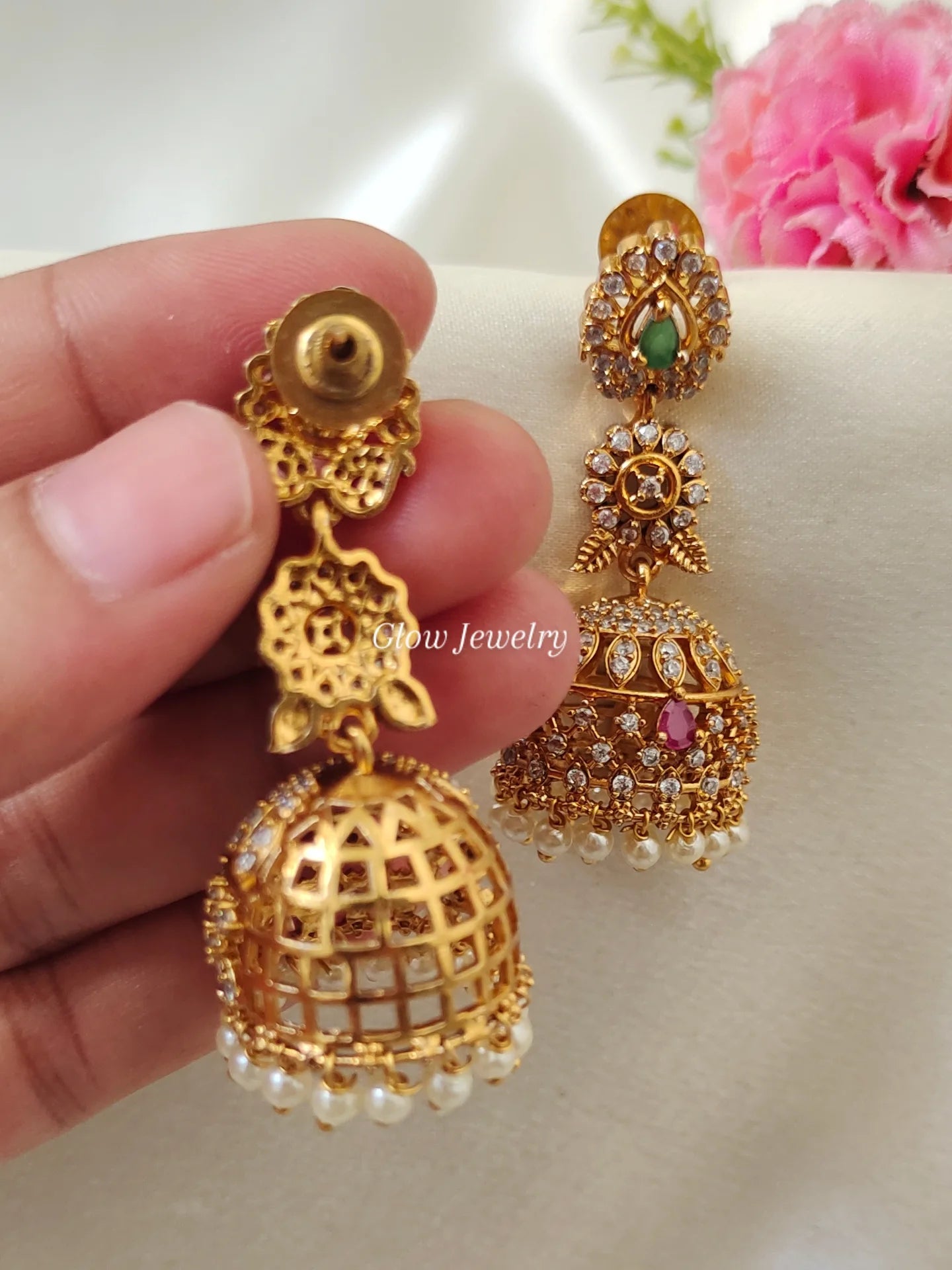Premium Quality Pearl Hanging Ruby and Green Stone Jumka