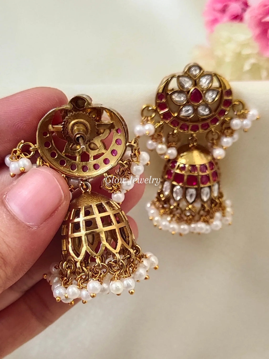 Premium Quality Halfmoon Ruby Pearl Jumka