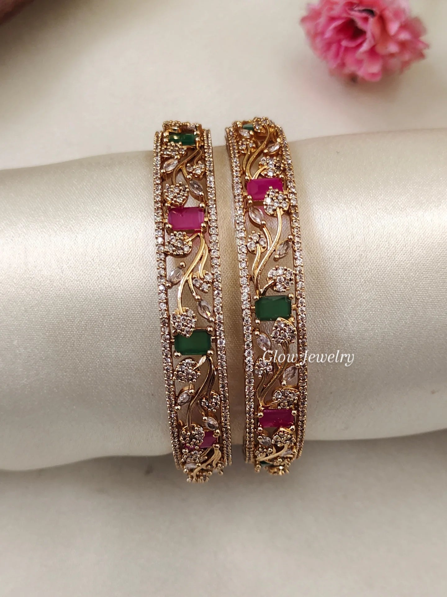 Premium Quality Gold Finish Rani Pink & Green AD Stone Bangles