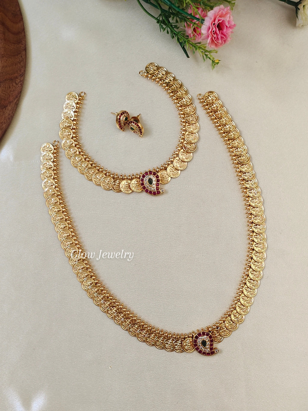 Premium Quality Gold Finish Kemp Stone Kasu Semi Bridal Set