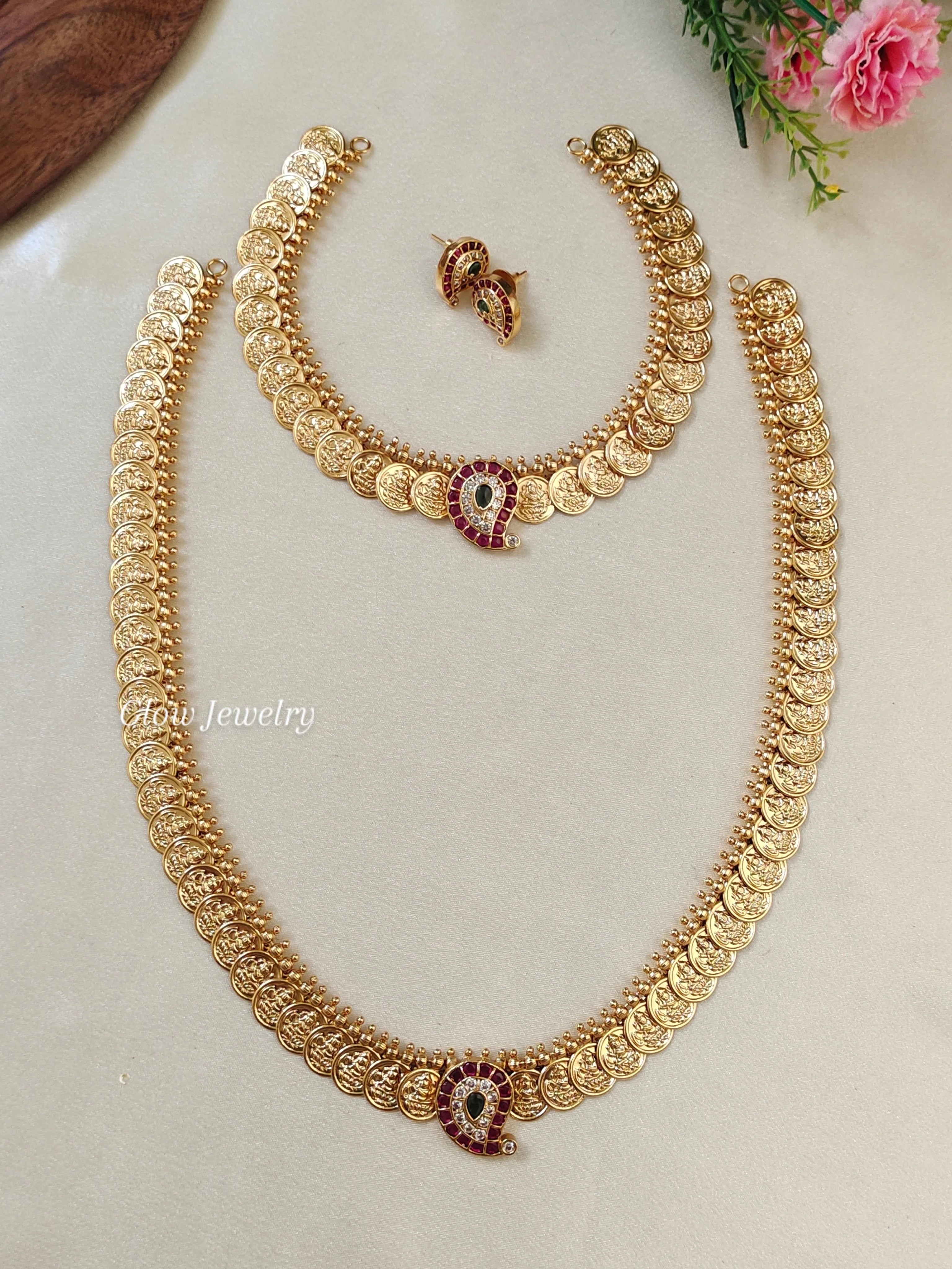 Premium Quality Gold Finish Kemp Stone Kasu Semi Bridal Set
