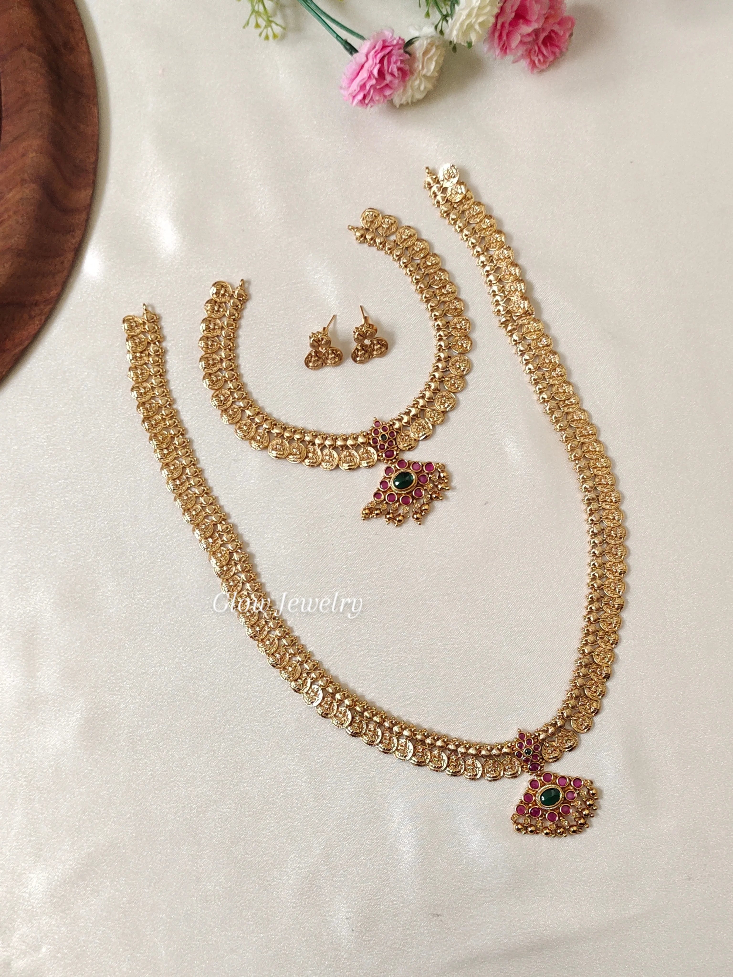 Premium Quality Gold Finish Kasu Kemp Stone Semi Bridal Set