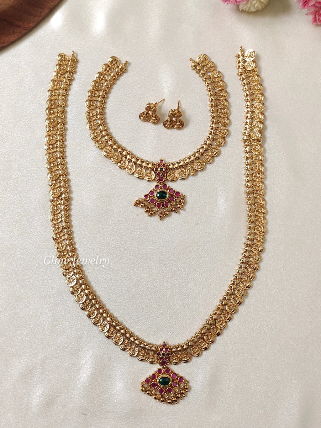 Premium Quality Gold Finish Kasu Kemp Stone Semi Bridal Set