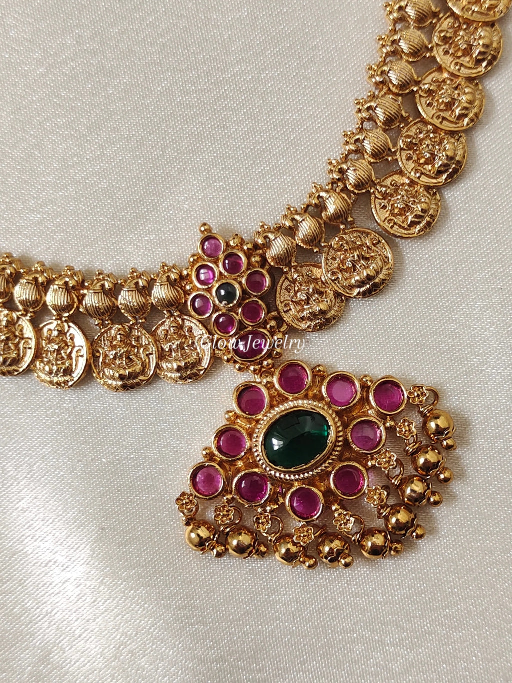 Premium Quality Gold Finish Kasu Kemp Stone Semi Bridal Set