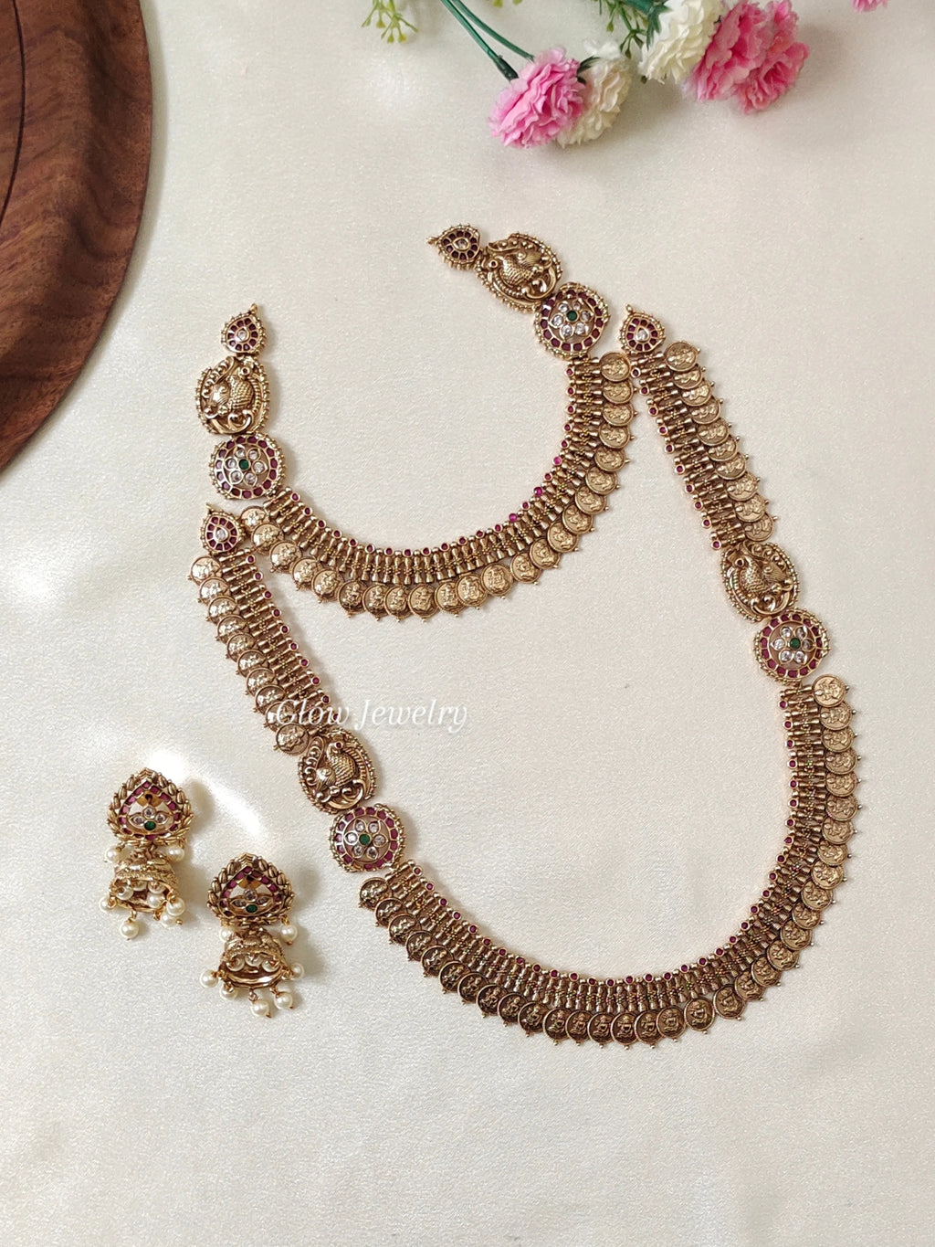 Premium Quality Matte Finish Kasu Peacock Kemp Stone Semi Bridal Set