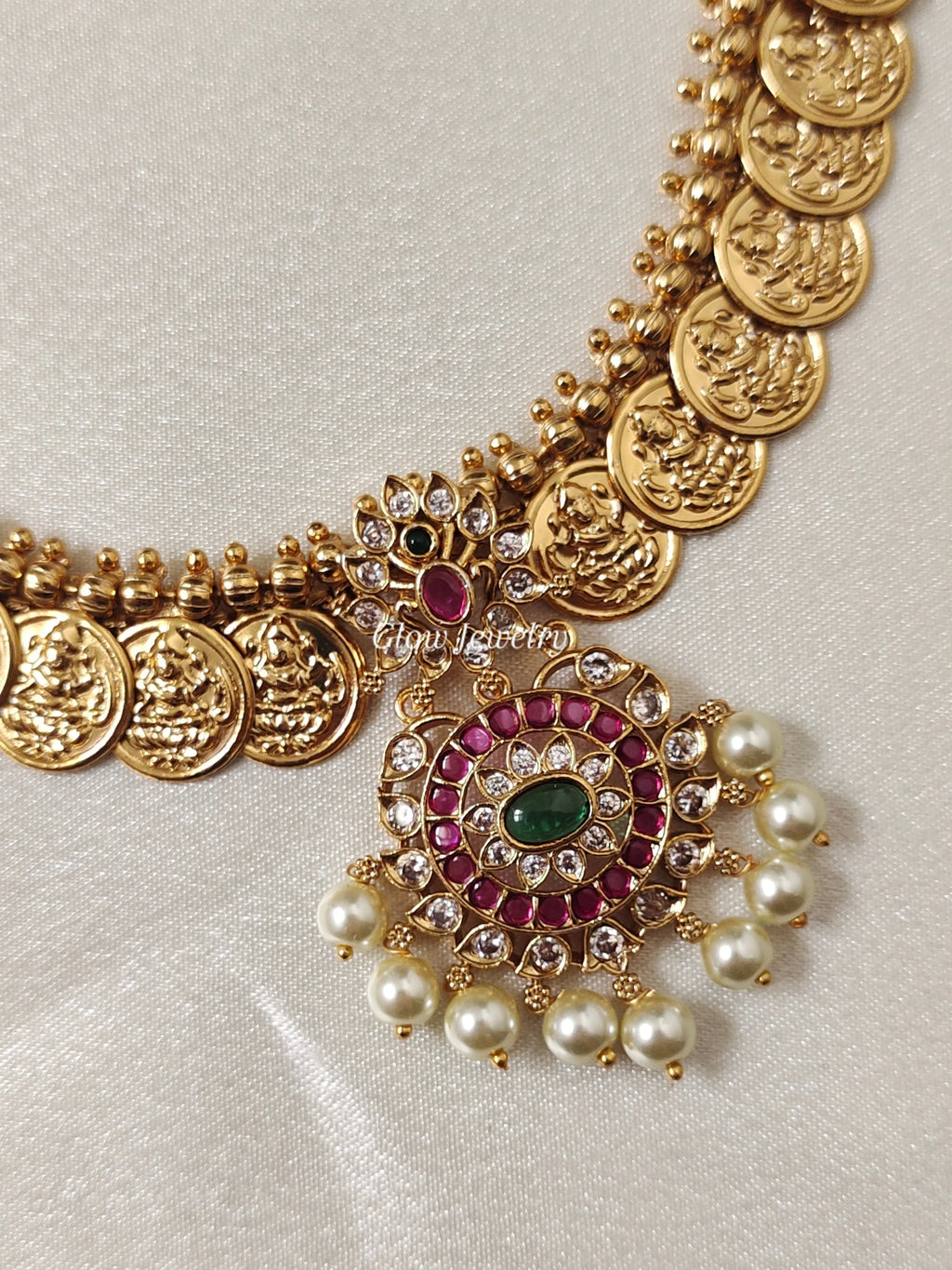 Premium Quality Gold Finish Kasu Kemp Stone Semi Bridal Set