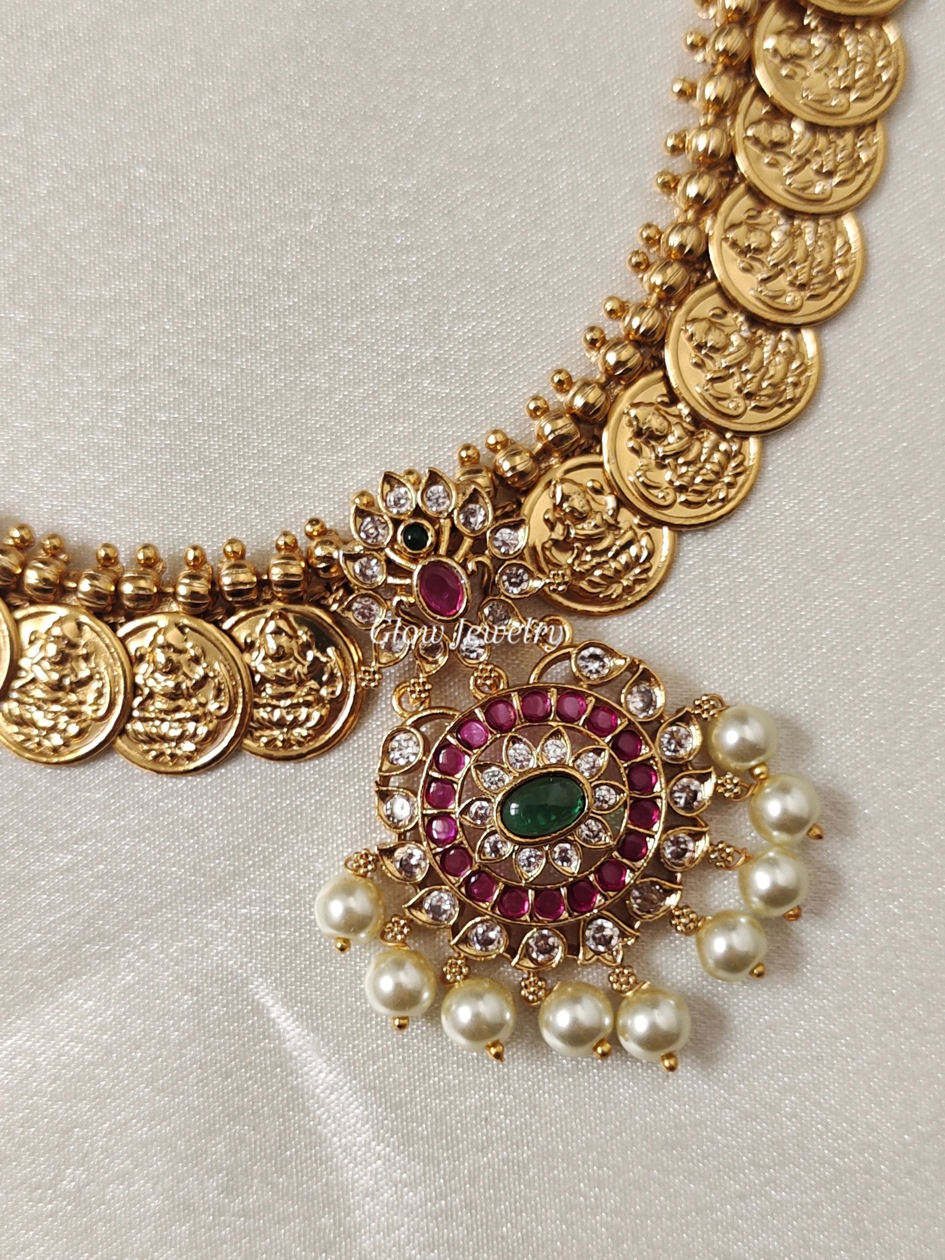Premium Quality Gold Finish Kasu Kemp Stone Semi Bridal Set