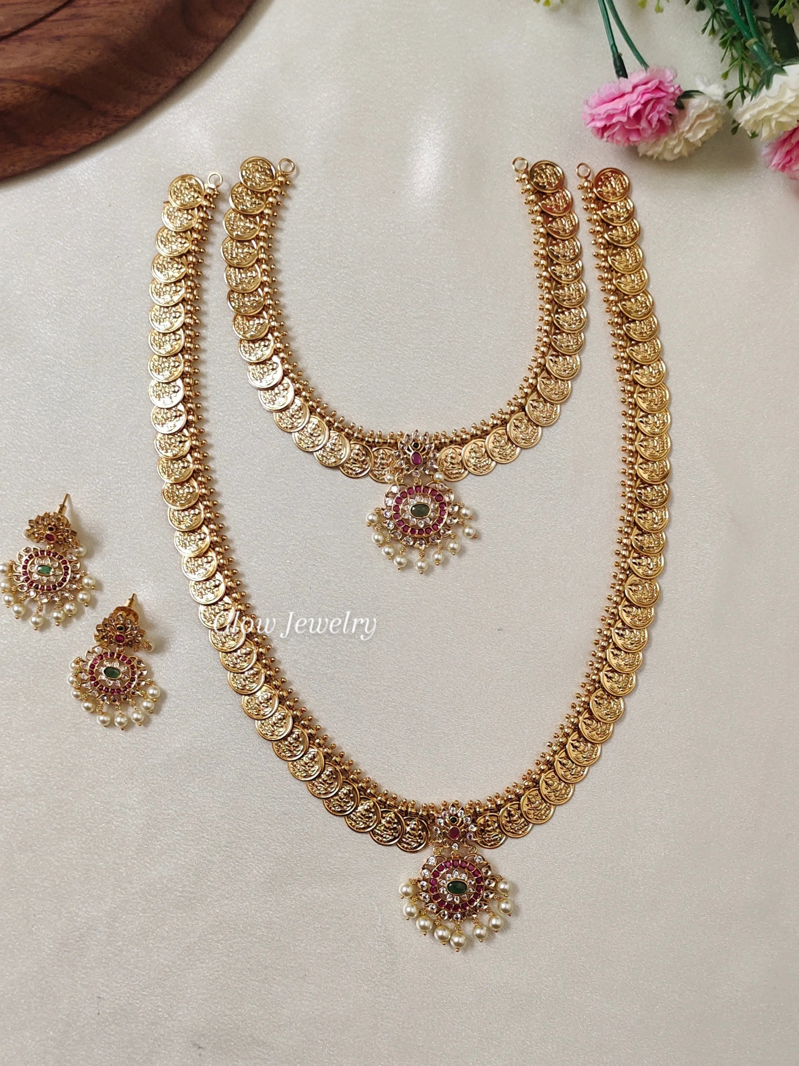 Premium Quality Gold Finish Kasu Kemp Stone Semi Bridal Set