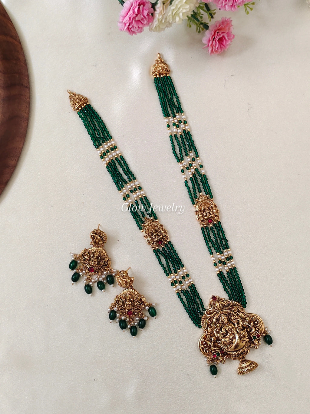 Premium Quality Greeen Beads Lakshmi Haram