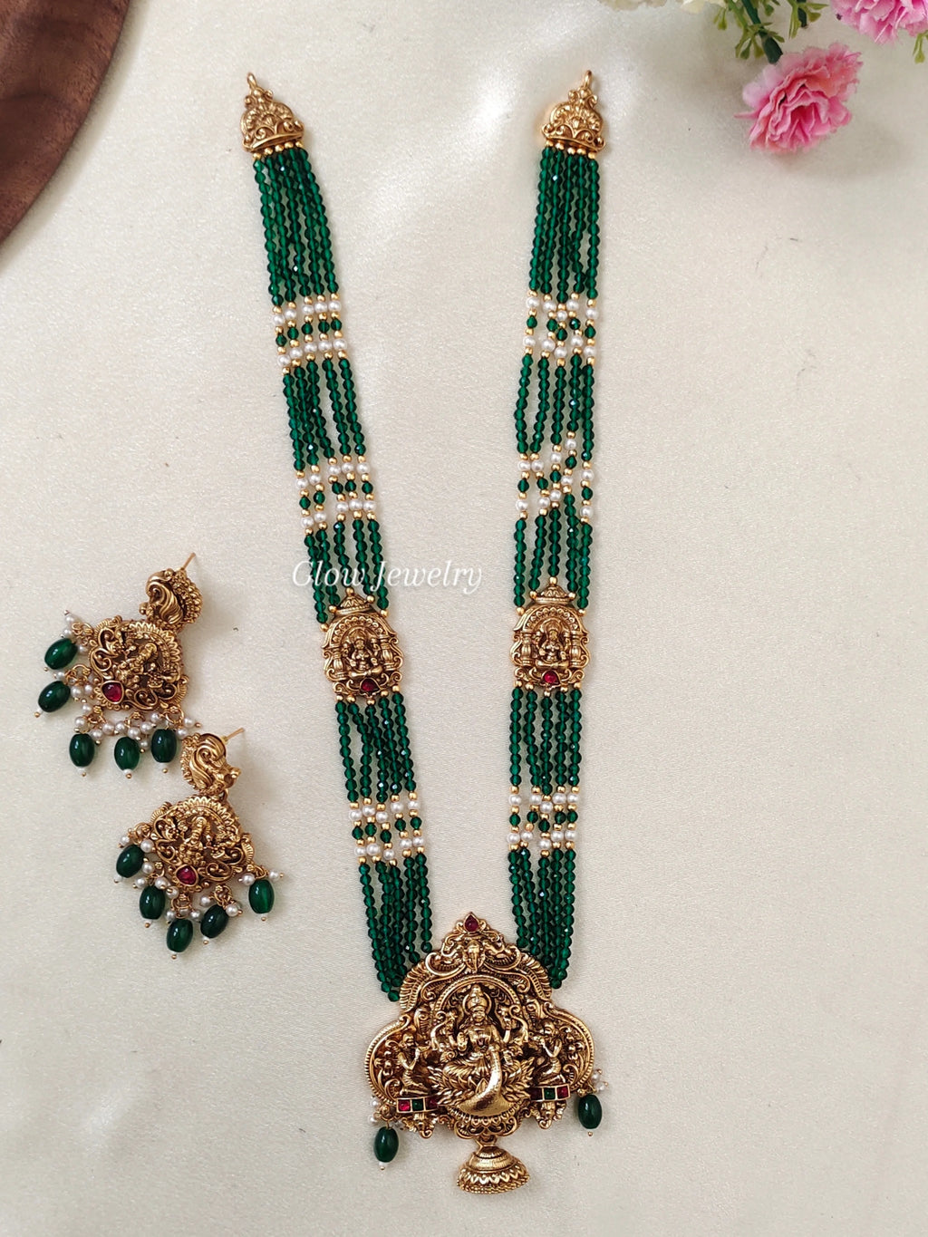 Premium Quality Greeen Beads Lakshmi Haram