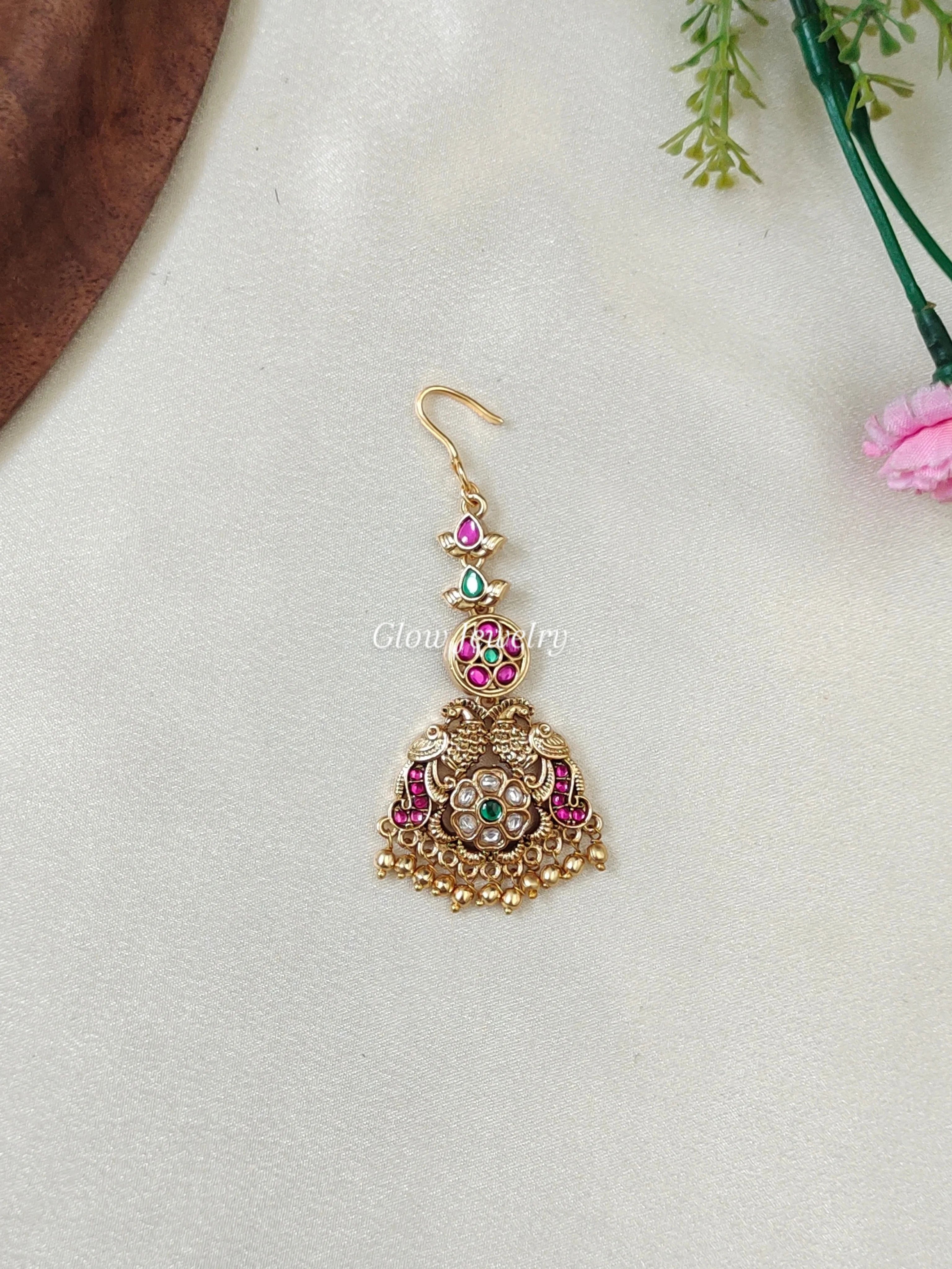 Premium Quality Peacock Kemp Stone Maang Tikka