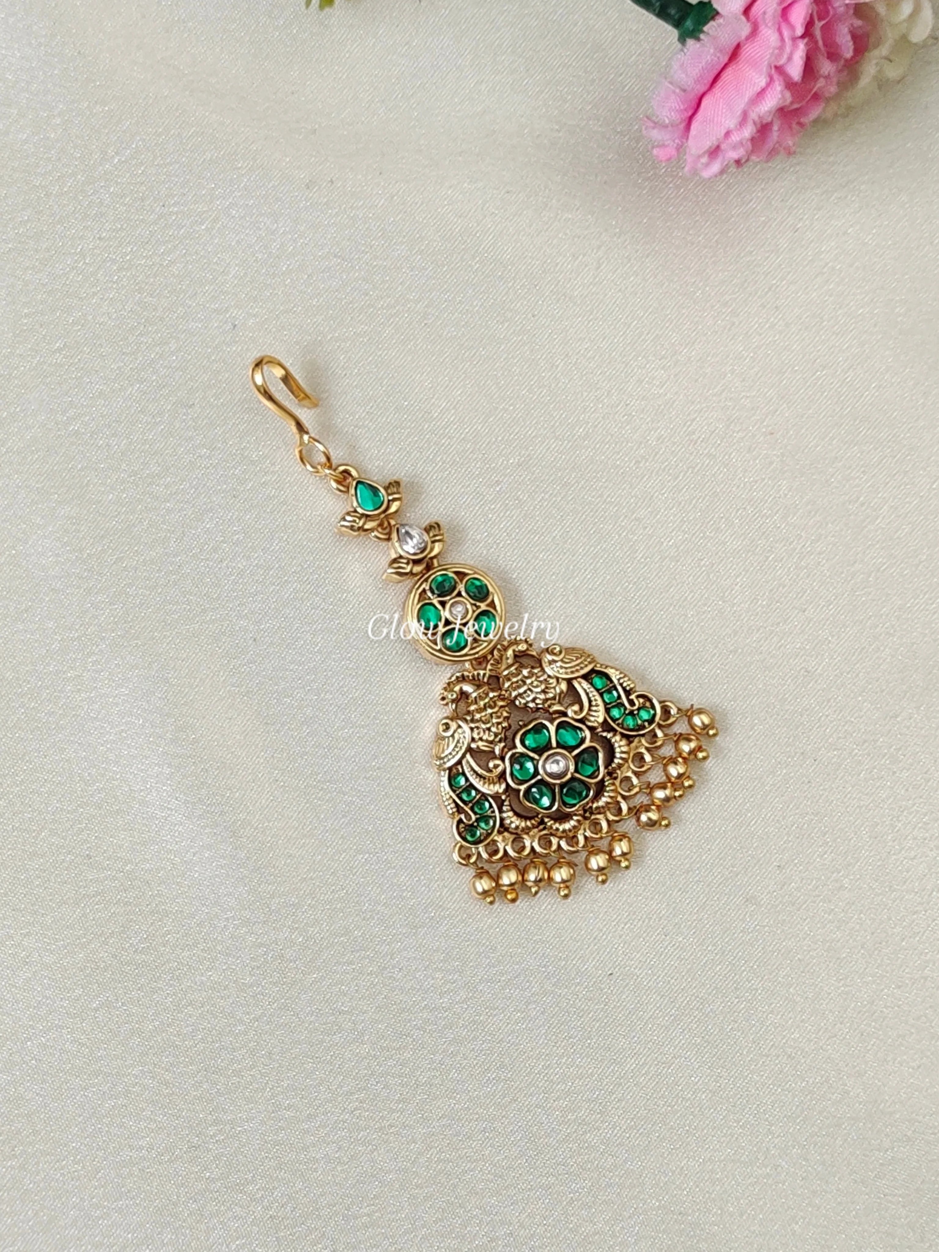 Premium Quality Peacock Kemp Stone Maang Tikka