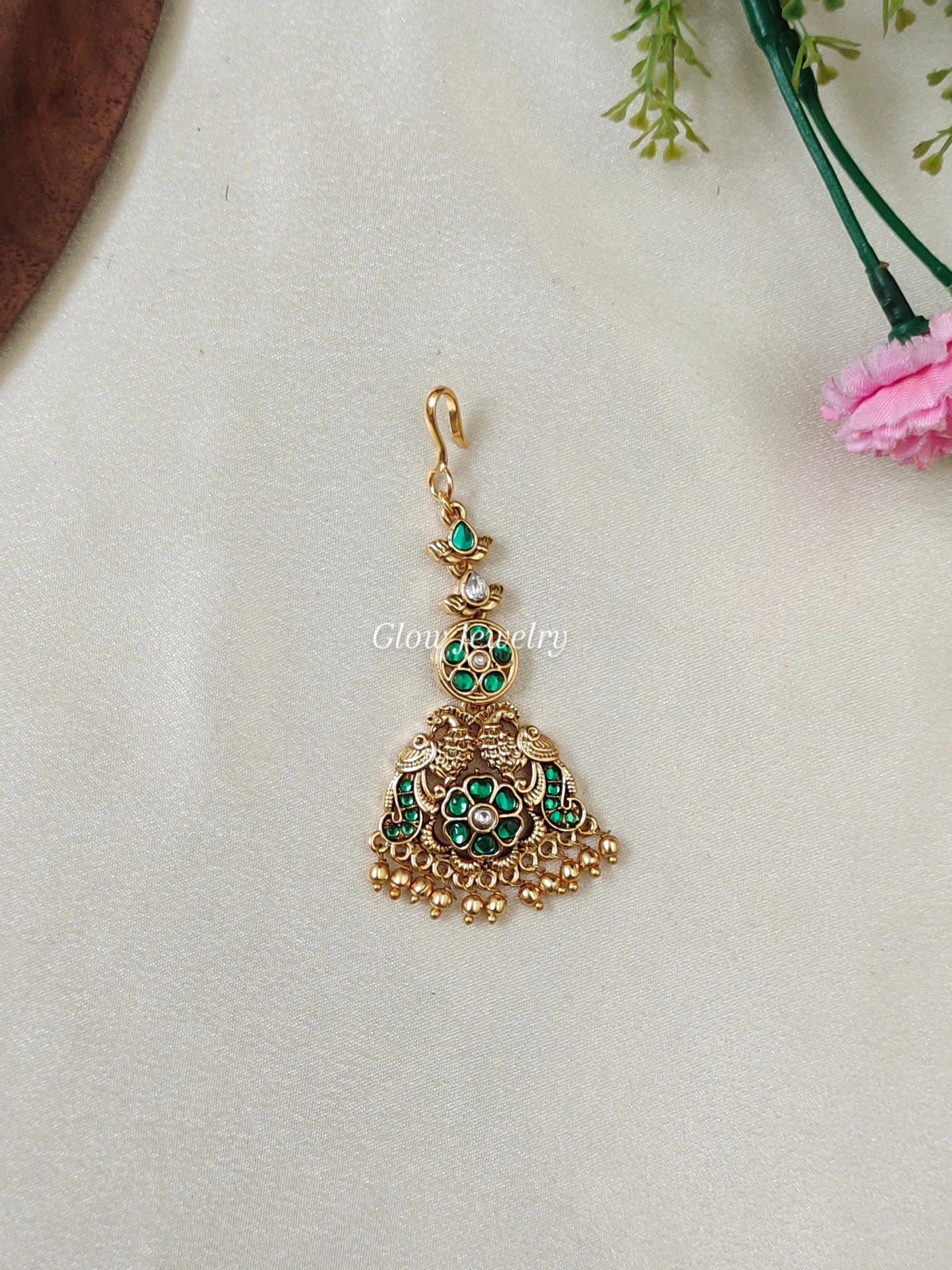 Premium Quality Peacock Kemp Stone Maang Tikka
