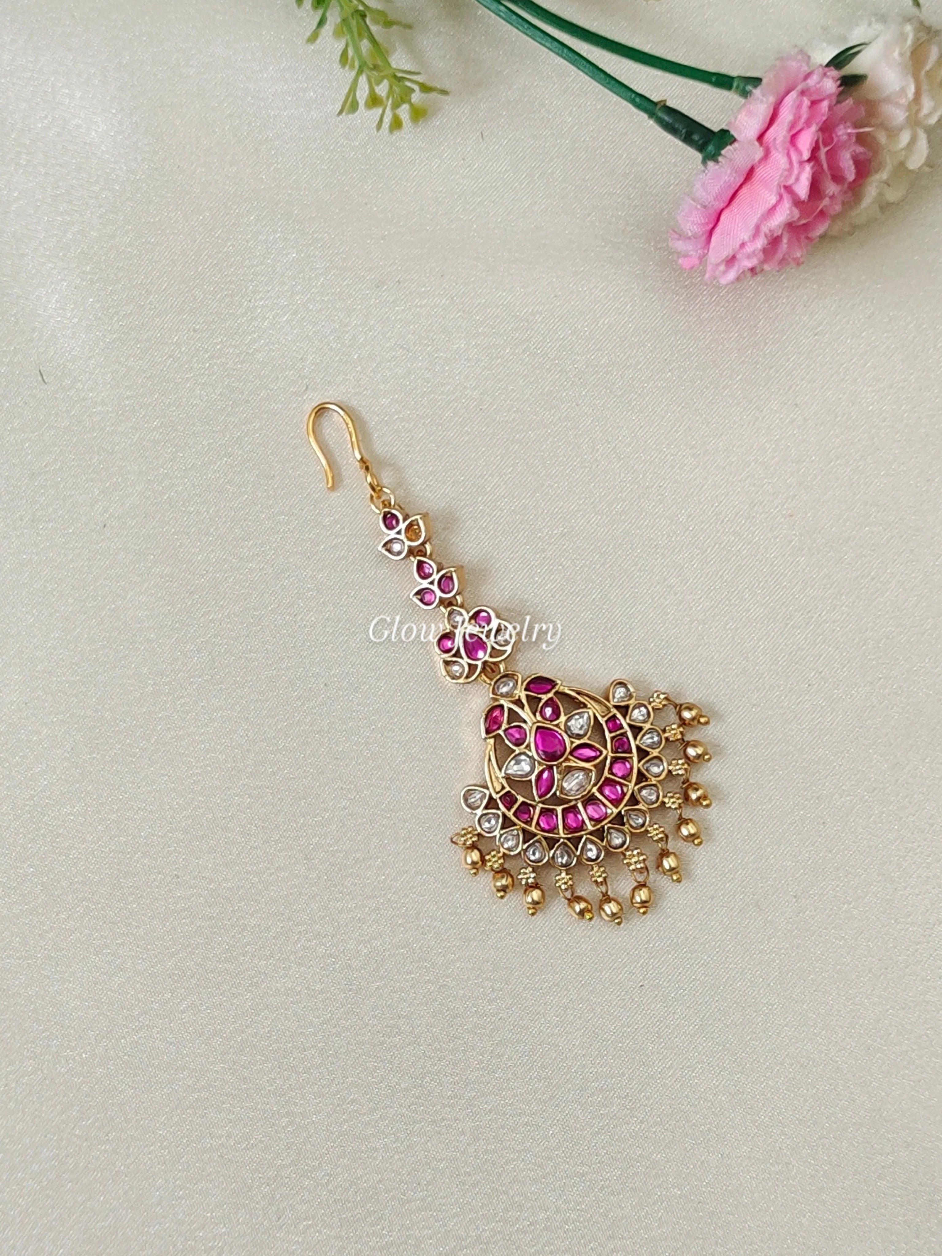 Premium Quality Floral Kemp Stone Maang Tikka