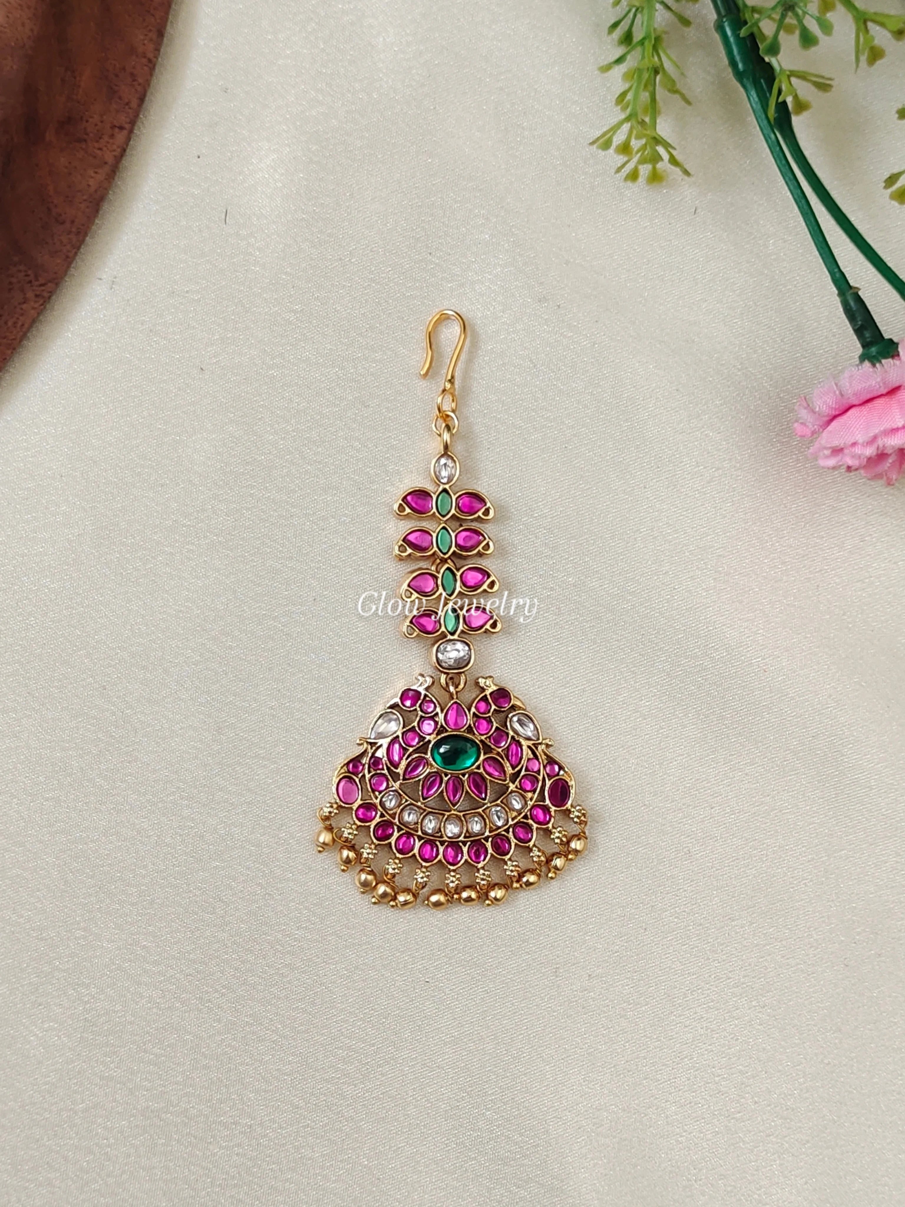 Premium Quality Peacock Kemp Stone Maang Tikka