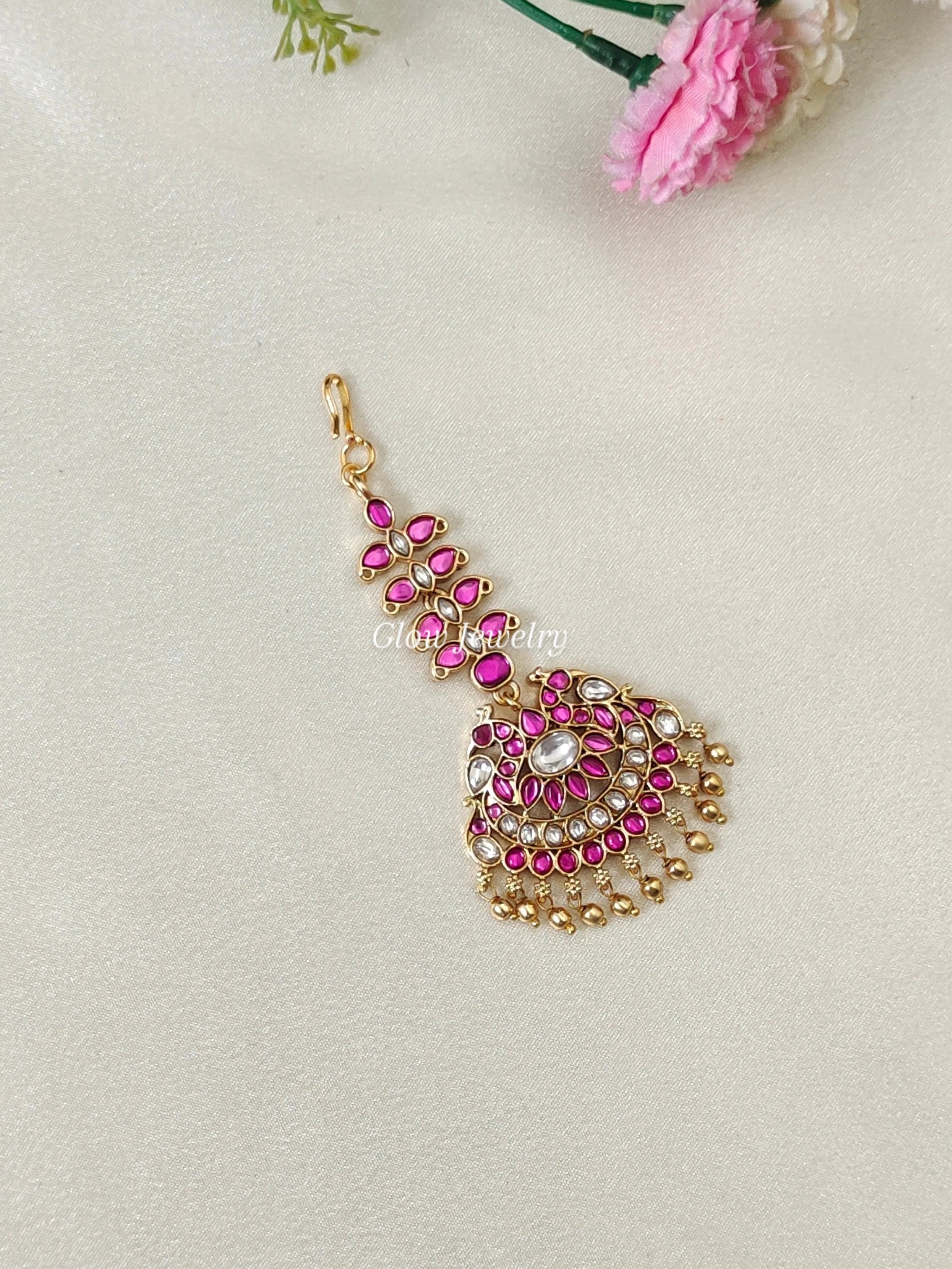 Premium Quality Peacock Kemp Stone Maang Tikka