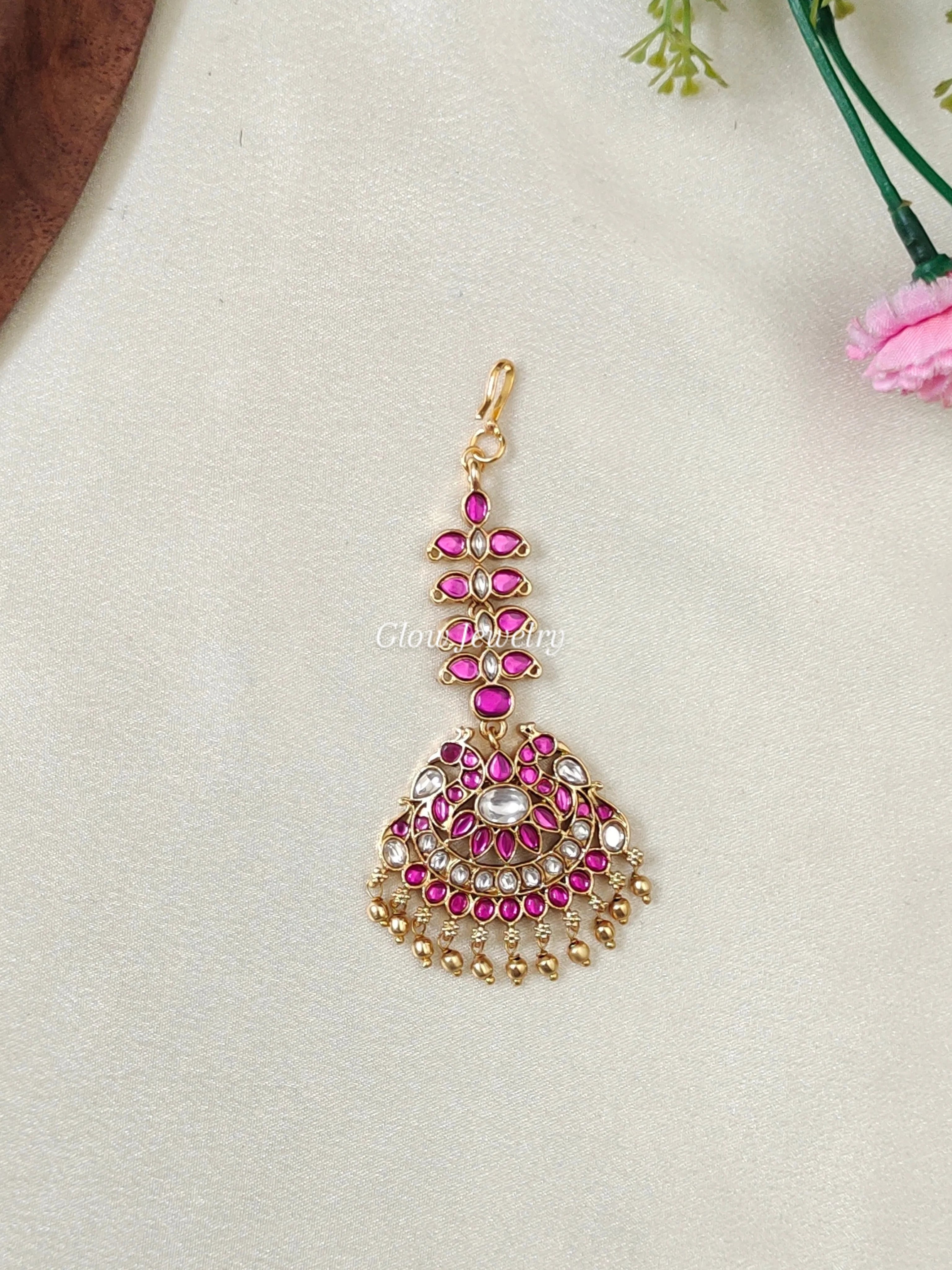 Premium Quality Peacock Kemp Stone Maang Tikka