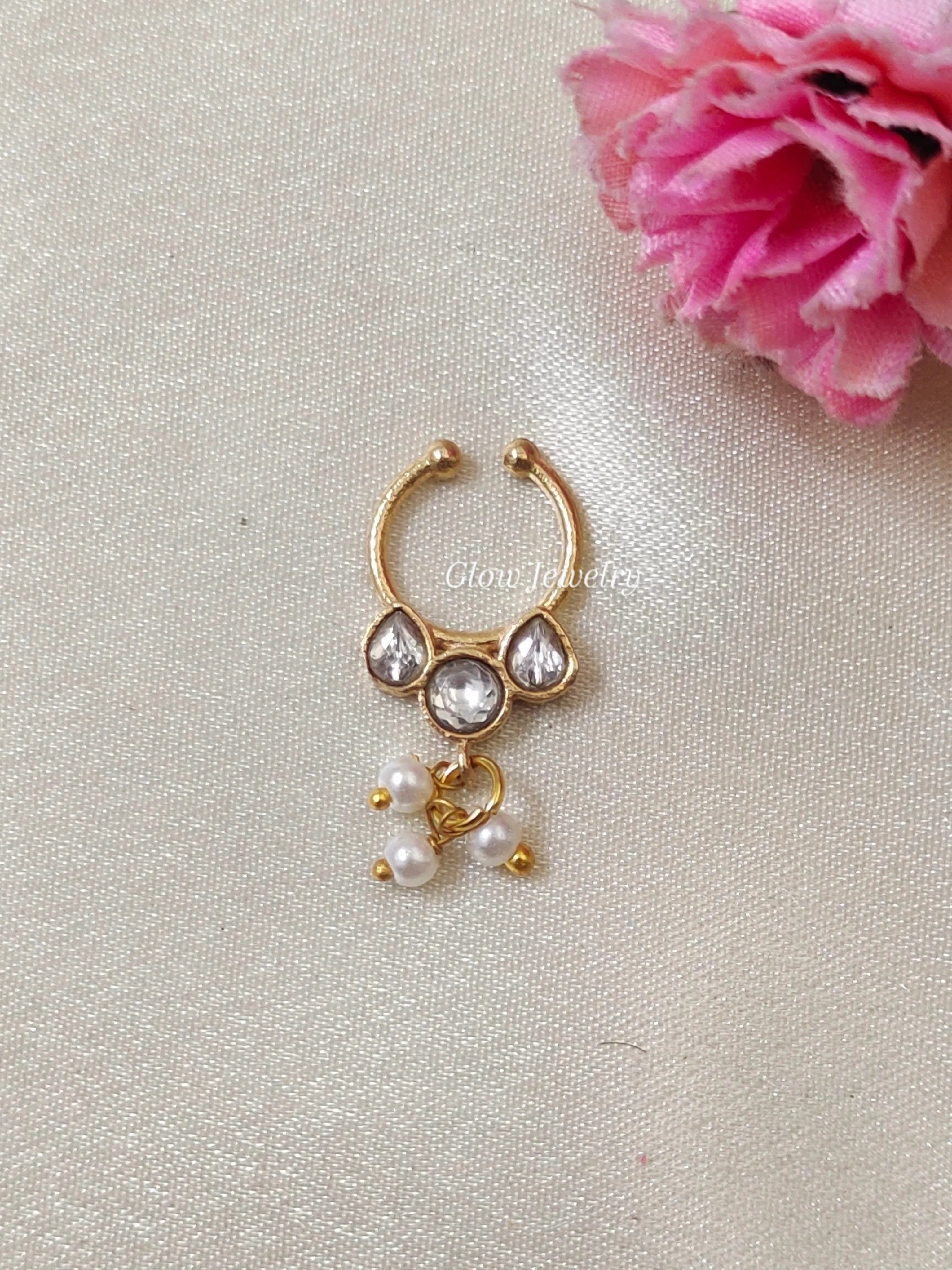 Premium Quality Gold Finish Jadau Septum Nose Pin