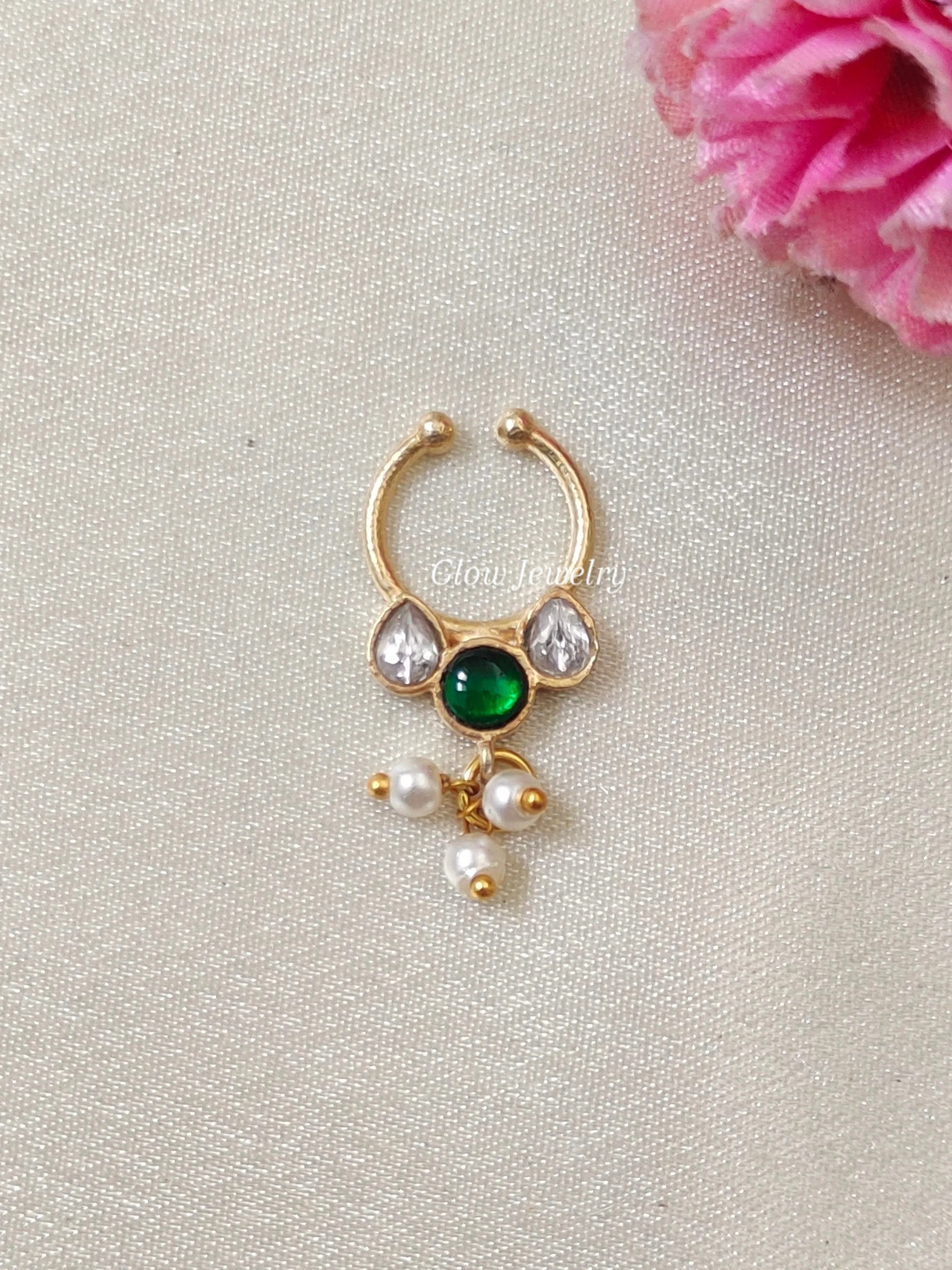 Premium Quality Gold Finish Jadau Septum Nose Pin