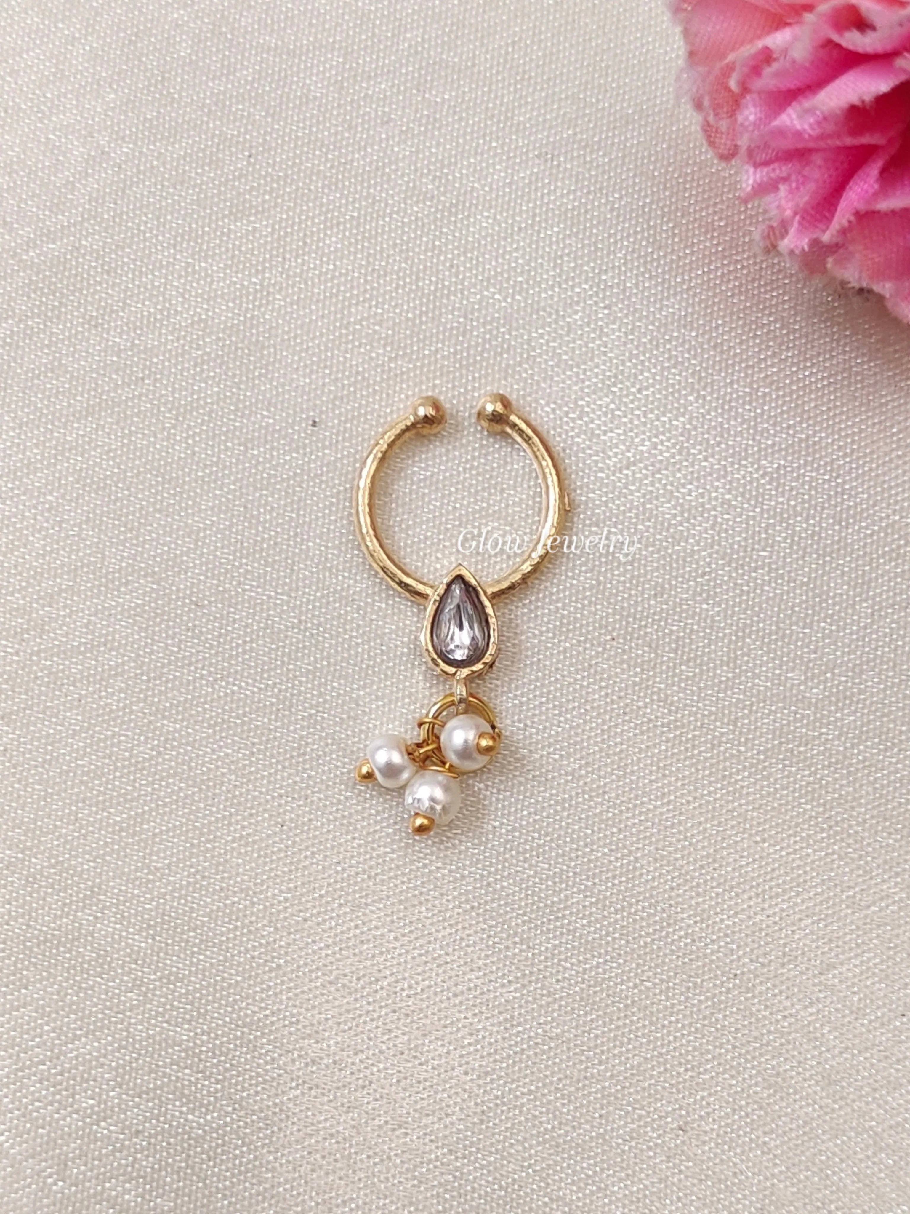Premium Quality Gold Finish Jadau Septum Nose Pin