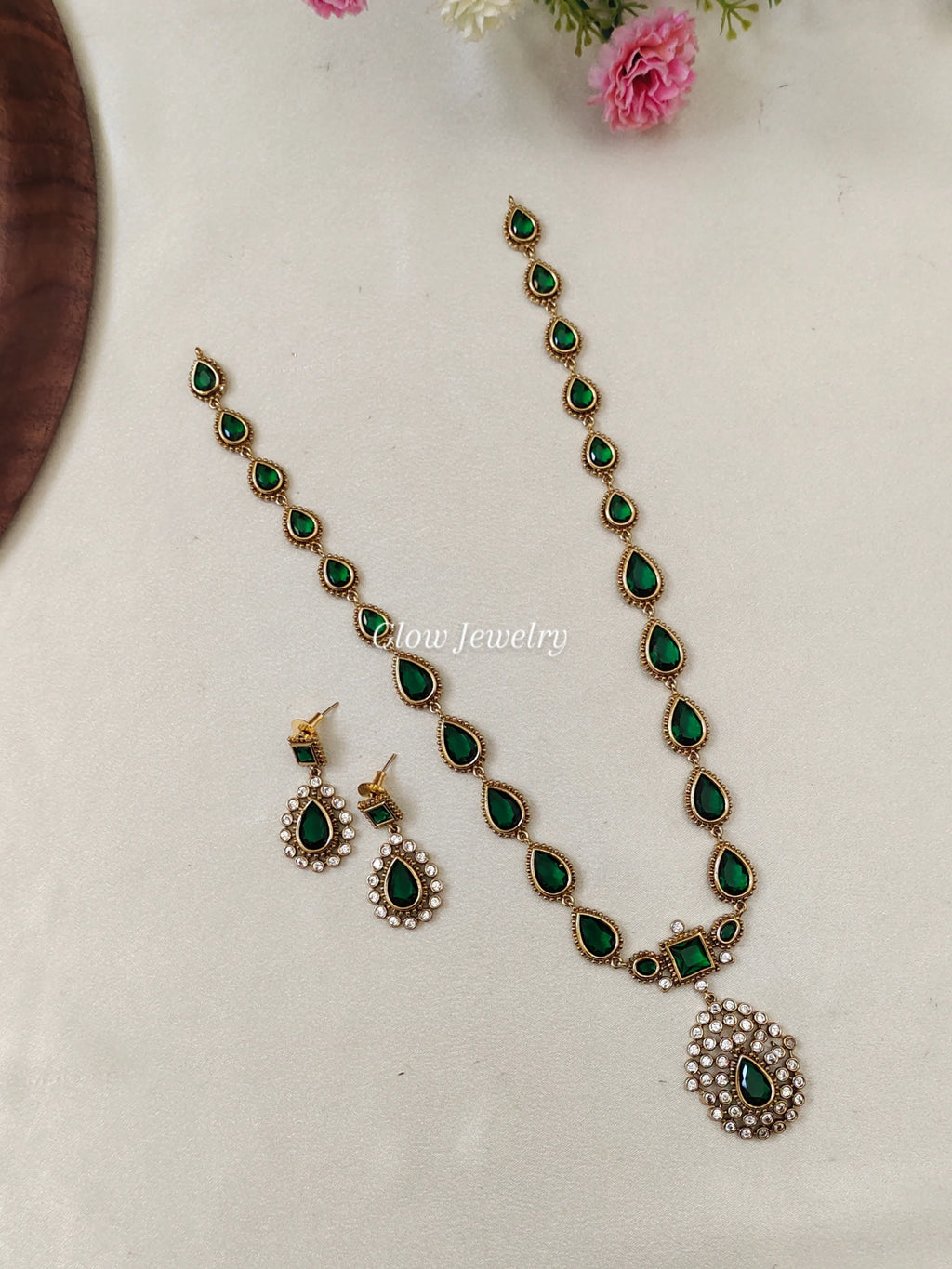 Premium Quality Matt Finish Emerald Green Stone Long Haram