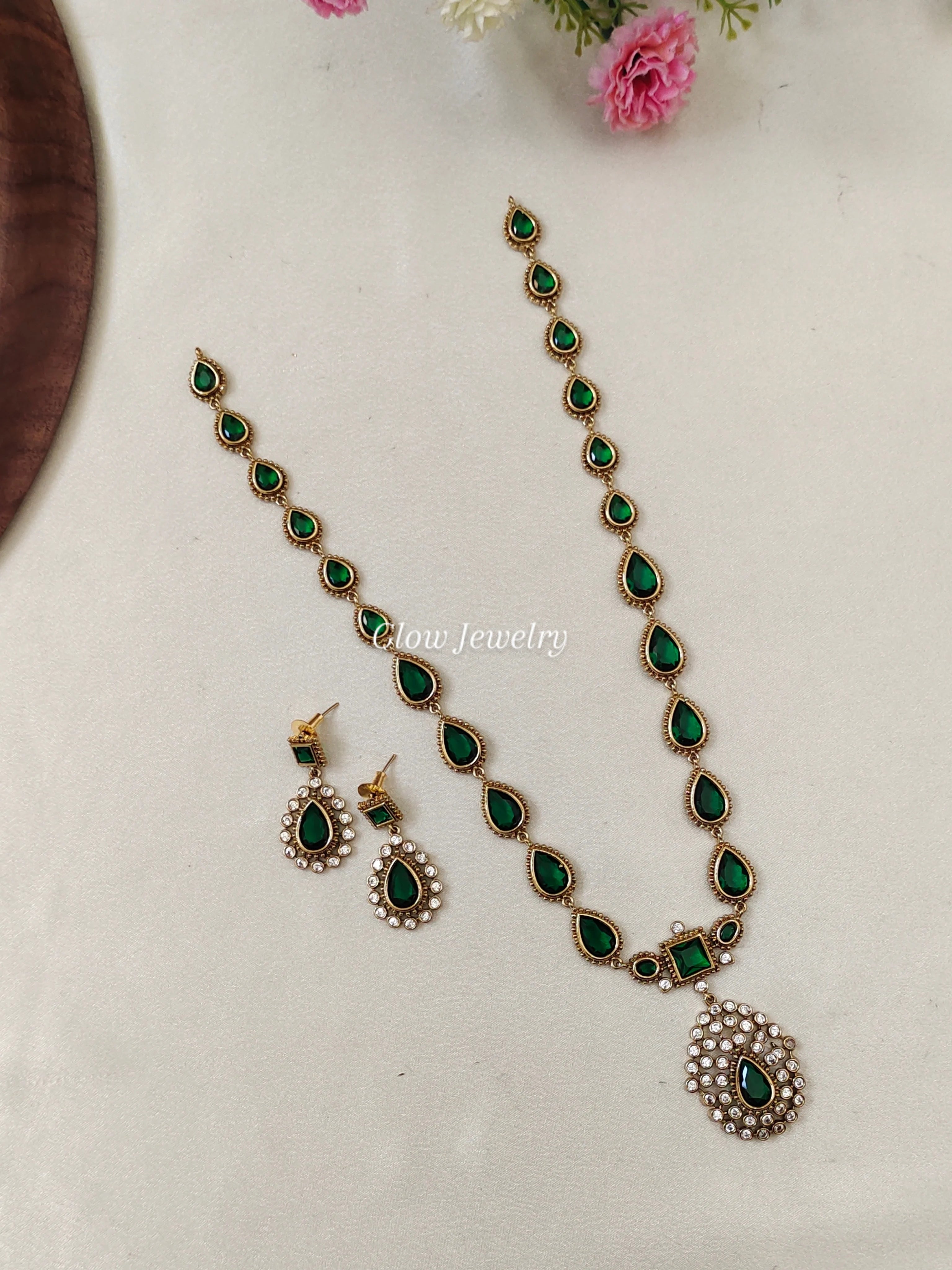 Premium Quality Matt Finish Emerald Green Stone Long Haram