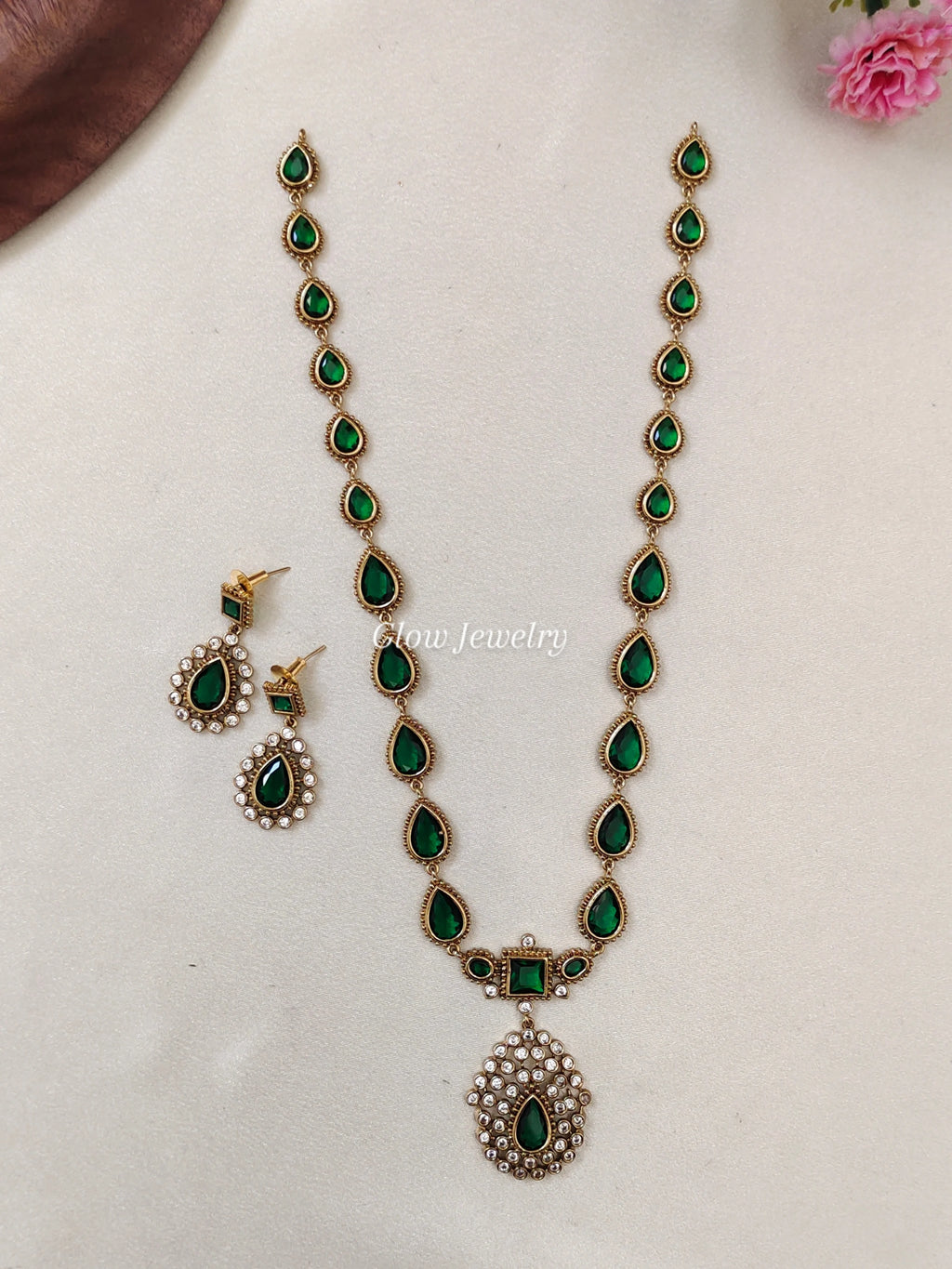Premium Quality Matt Finish Emerald Green Stone Long Haram