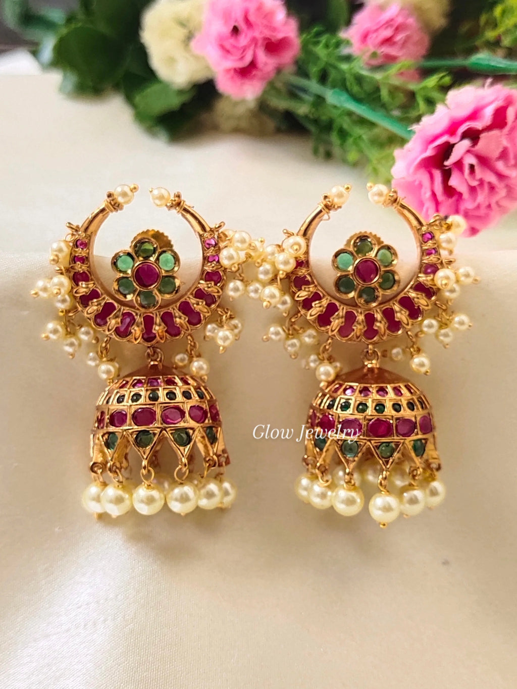 Premium Quality Gold Finish Kemp Stone Half Moon Jumka