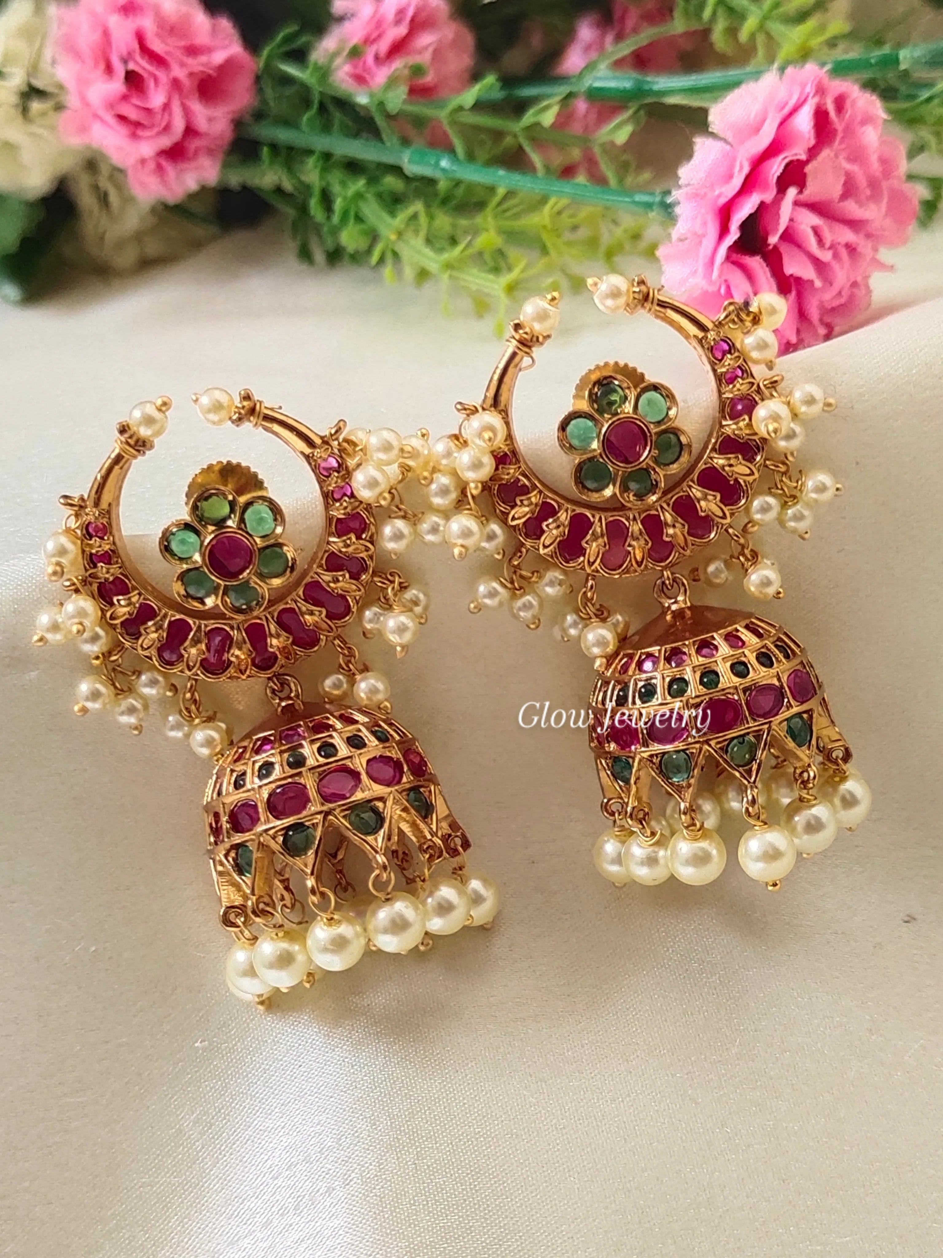 Premium Quality Gold Finish Kemp Stone Half Moon Jumka
