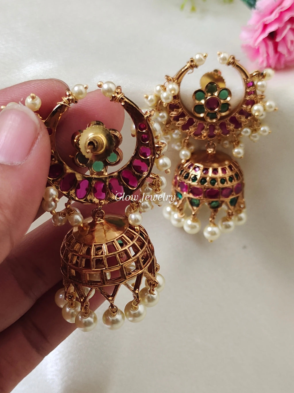 Premium Quality Gold Finish Kemp Stone Half Moon Jumka