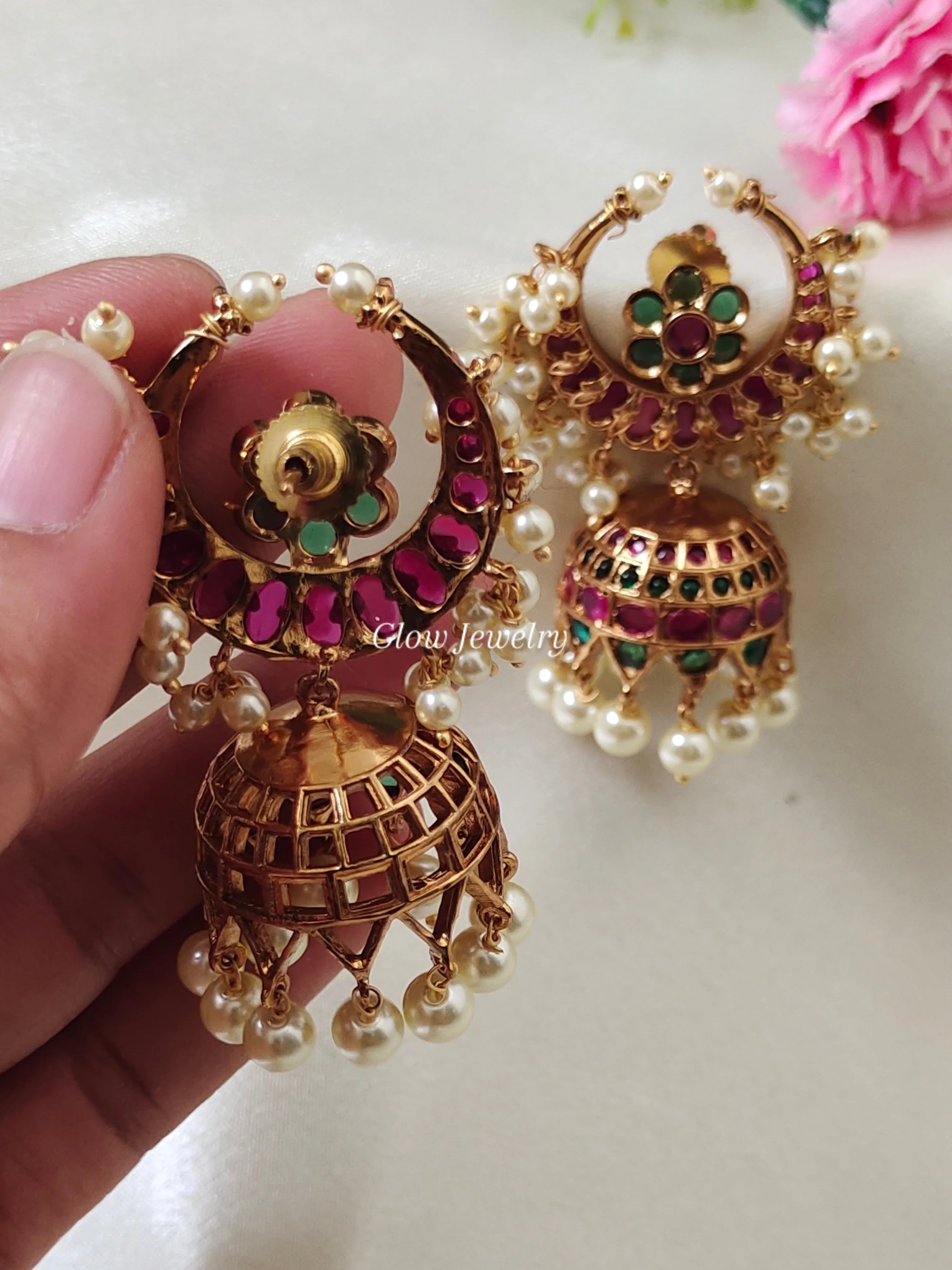 Premium Quality Gold Finish Kemp Stone Half Moon Jumka