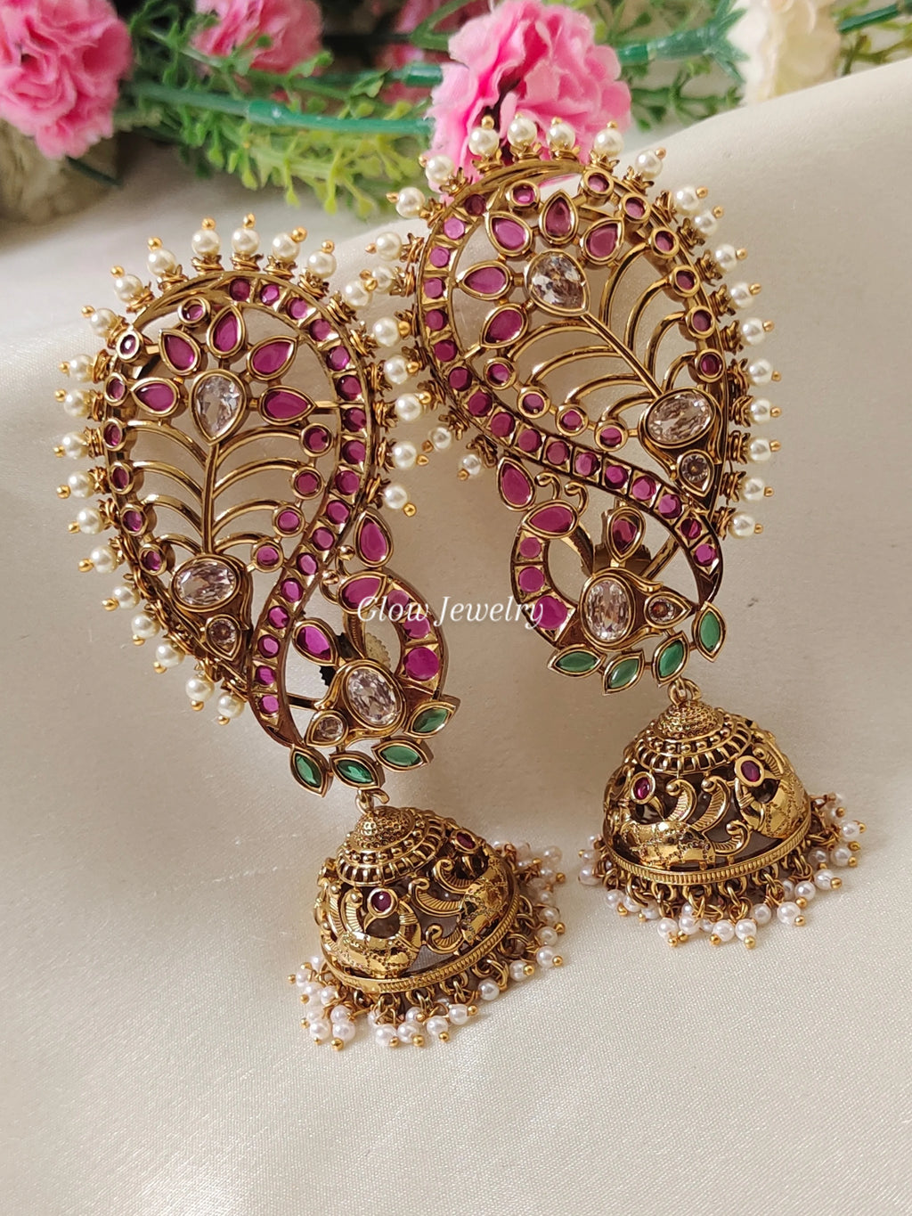 Premium Quality Kemp Stone Gold Alike Peacock Ear Cuff Jumka
