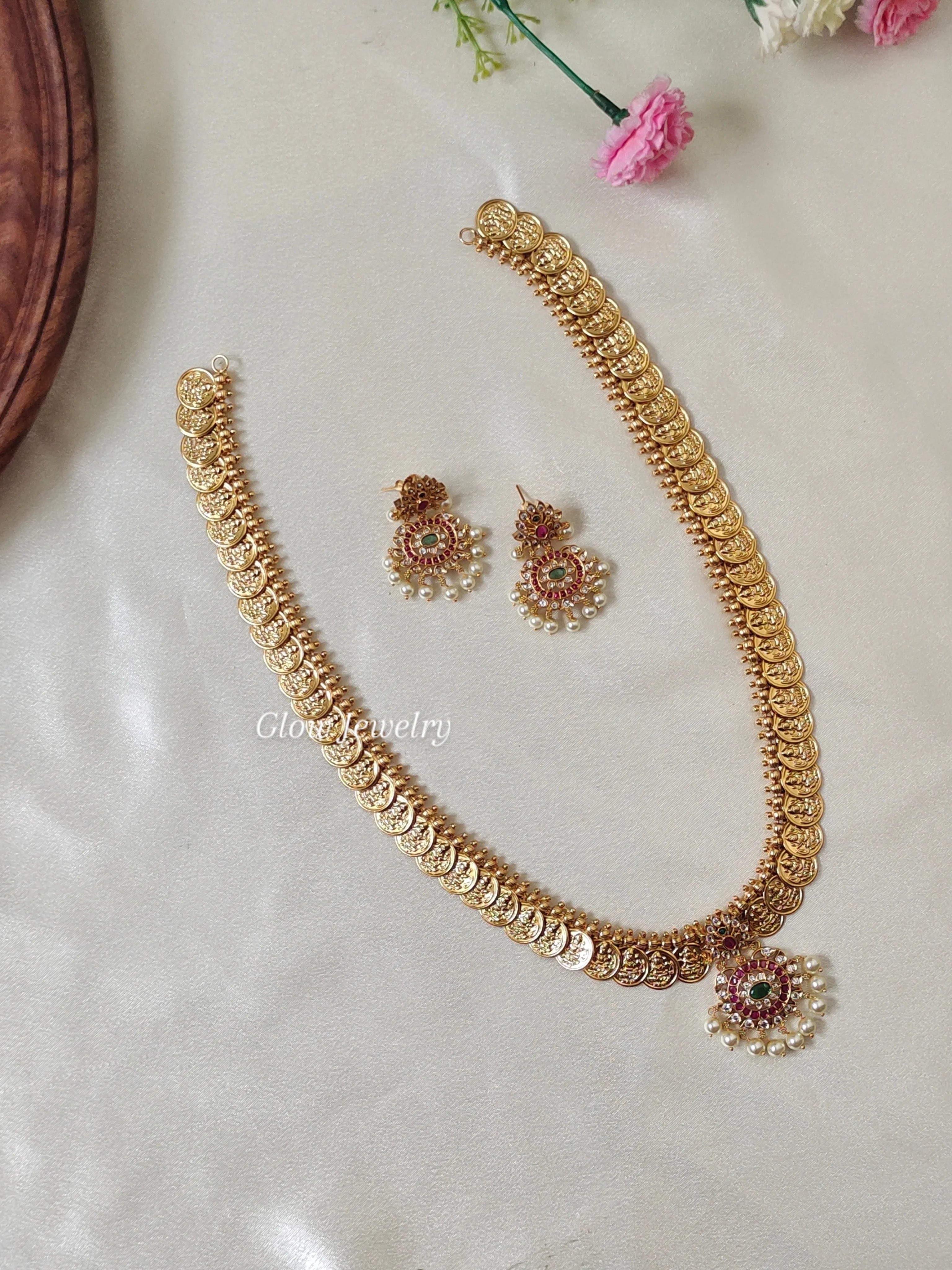 Premium Quality Lakshmi Kasu Haram with Kemp Stone Pendant
