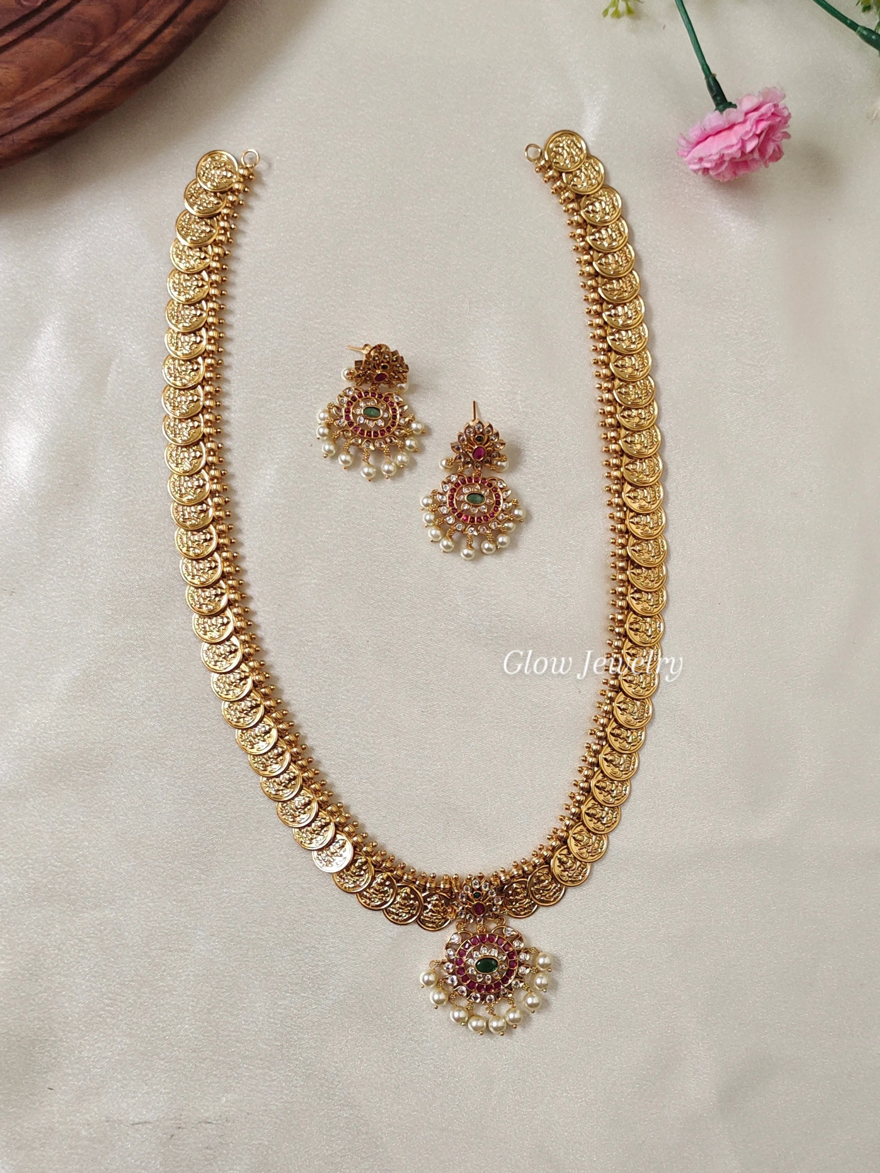 Premium Quality Lakshmi Kasu Haram with Kemp Stone Pendant