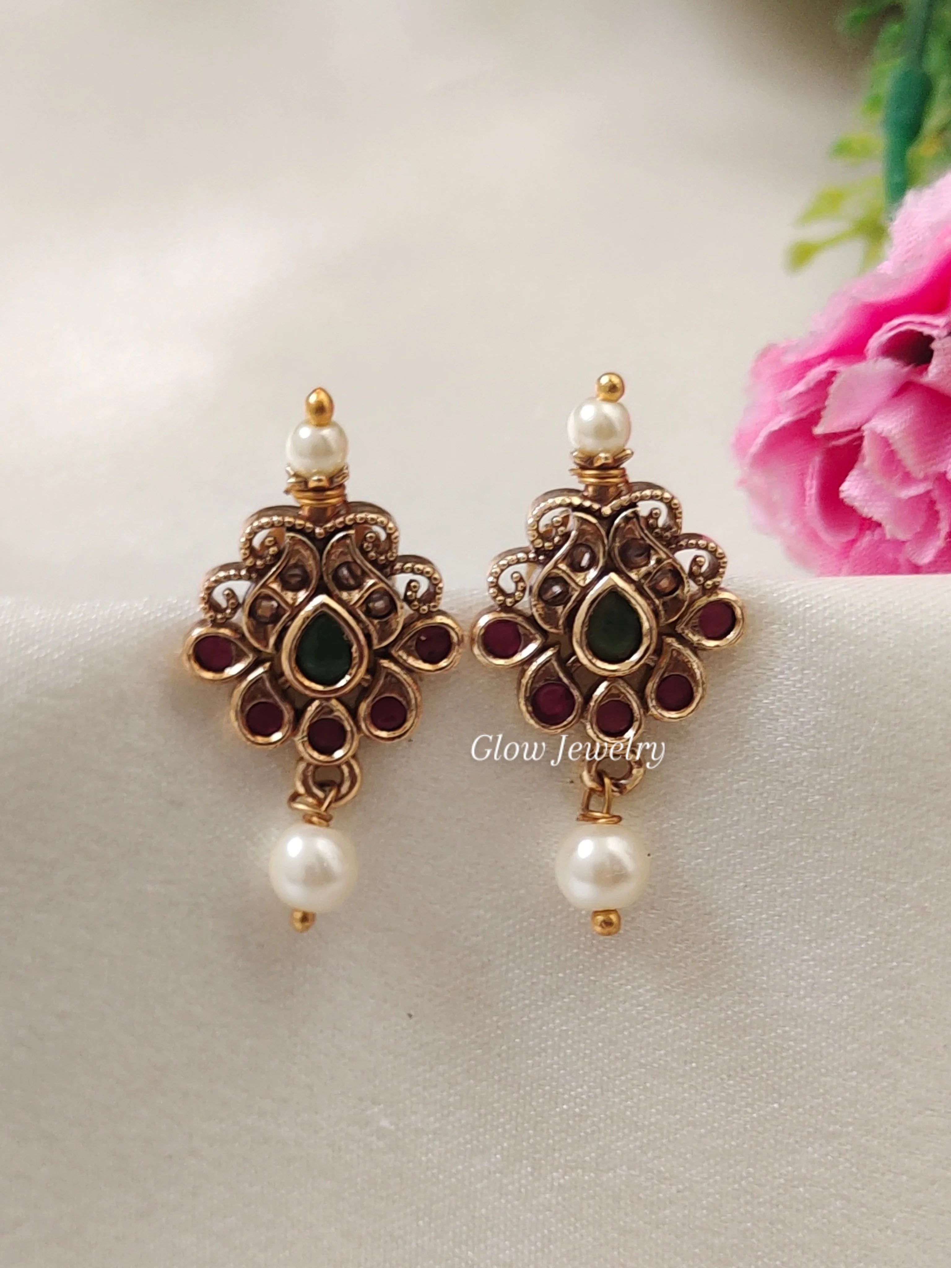 Premium Quality kempu Studs with Pearl Drop