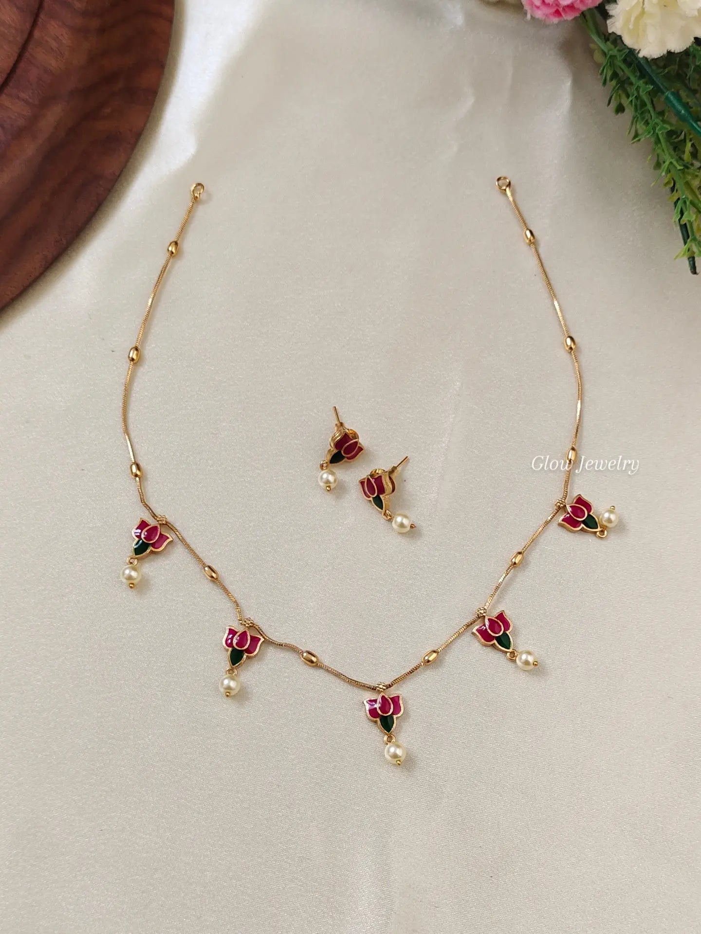 Premium Quality Kempu Lotus Necklace