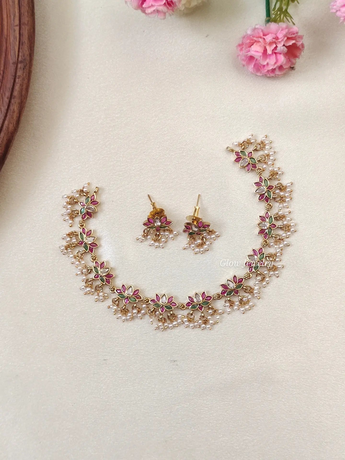 Premium Quality Kempu Lotus Guttapusalu Necklace