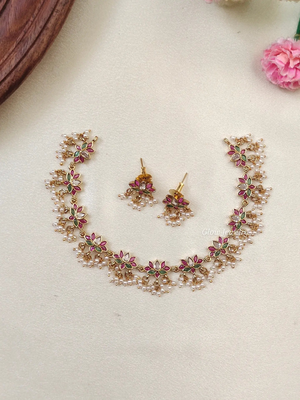 Premium Quality Kempu Lotus Guttapusalu Necklace