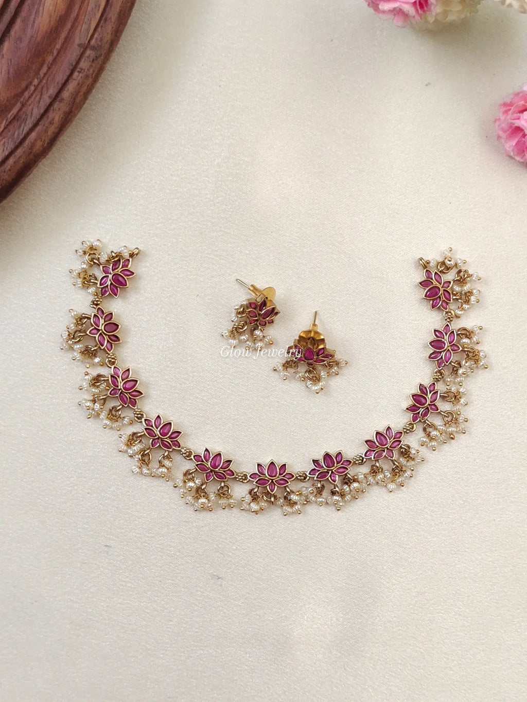 Premium Quality Kempu Lotus Guttapusalu Necklace