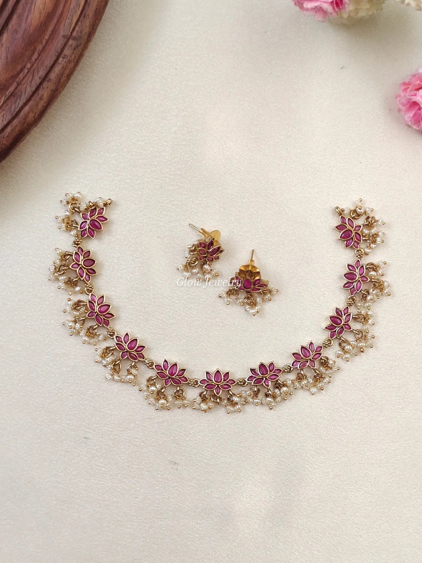 Premium Quality Kempu Lotus Guttapusalu Necklace