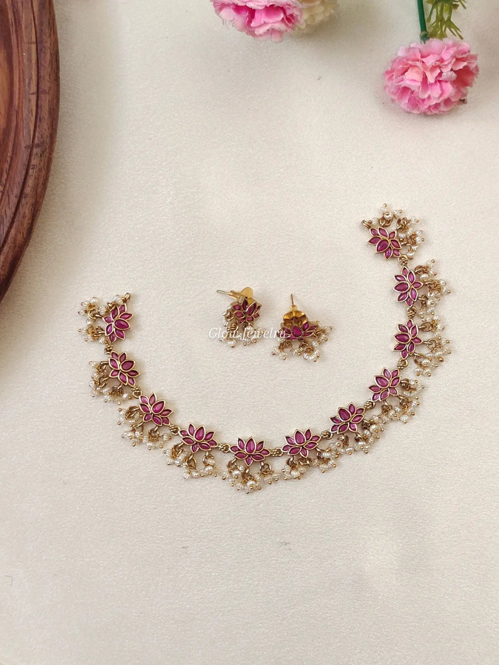 Premium Quality Kempu Lotus Guttapusalu Necklace